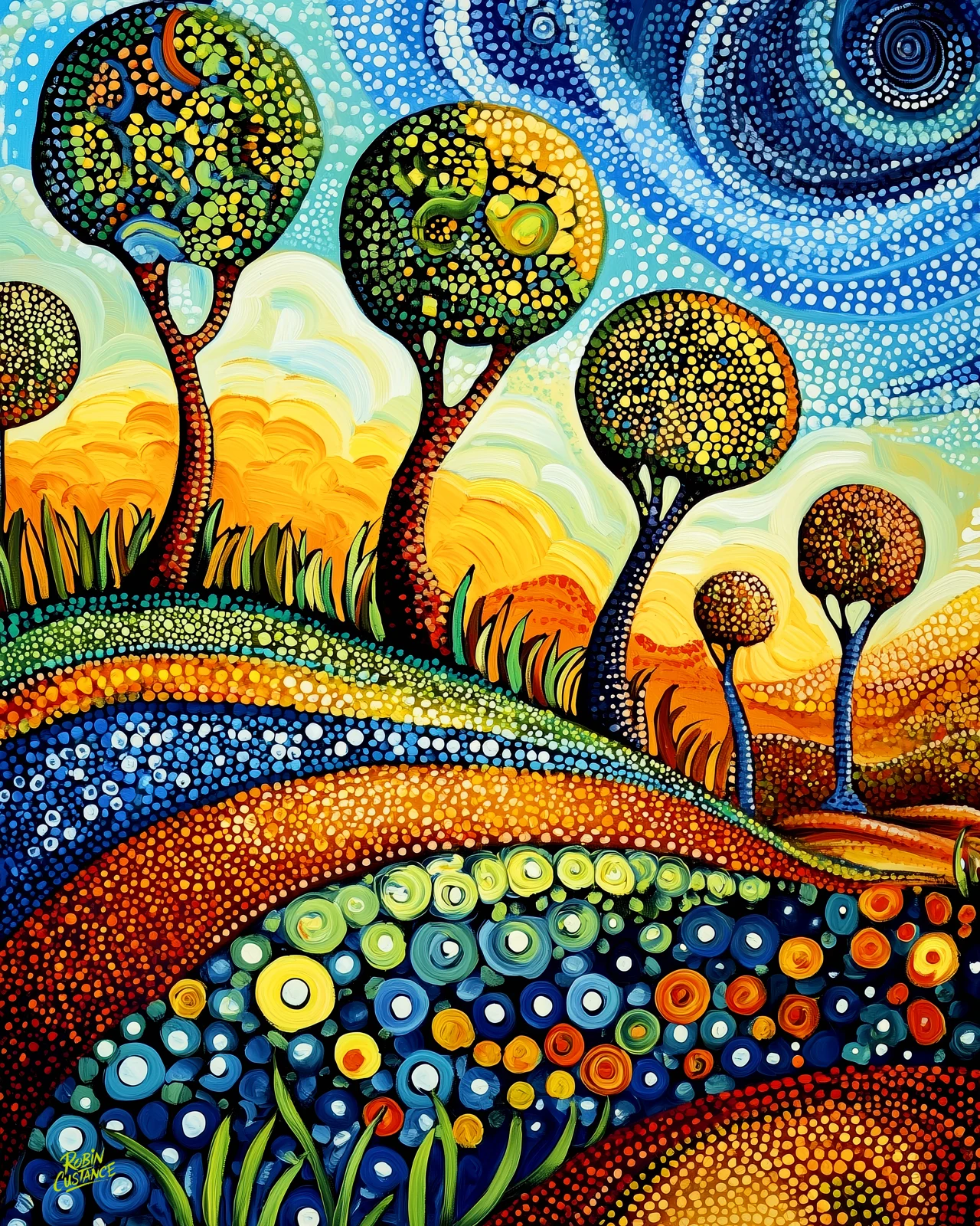 Rounded trees rise across rolling hills of blue, green, orange and gold, each canopy filled with its own small circles and decorative marks.