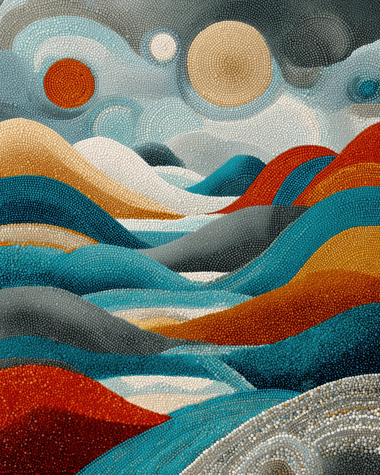 Layered hills in teal, blue, rust, cream and gold roll through this abstract landscape beneath pale circular forms and a softly clouded sky.