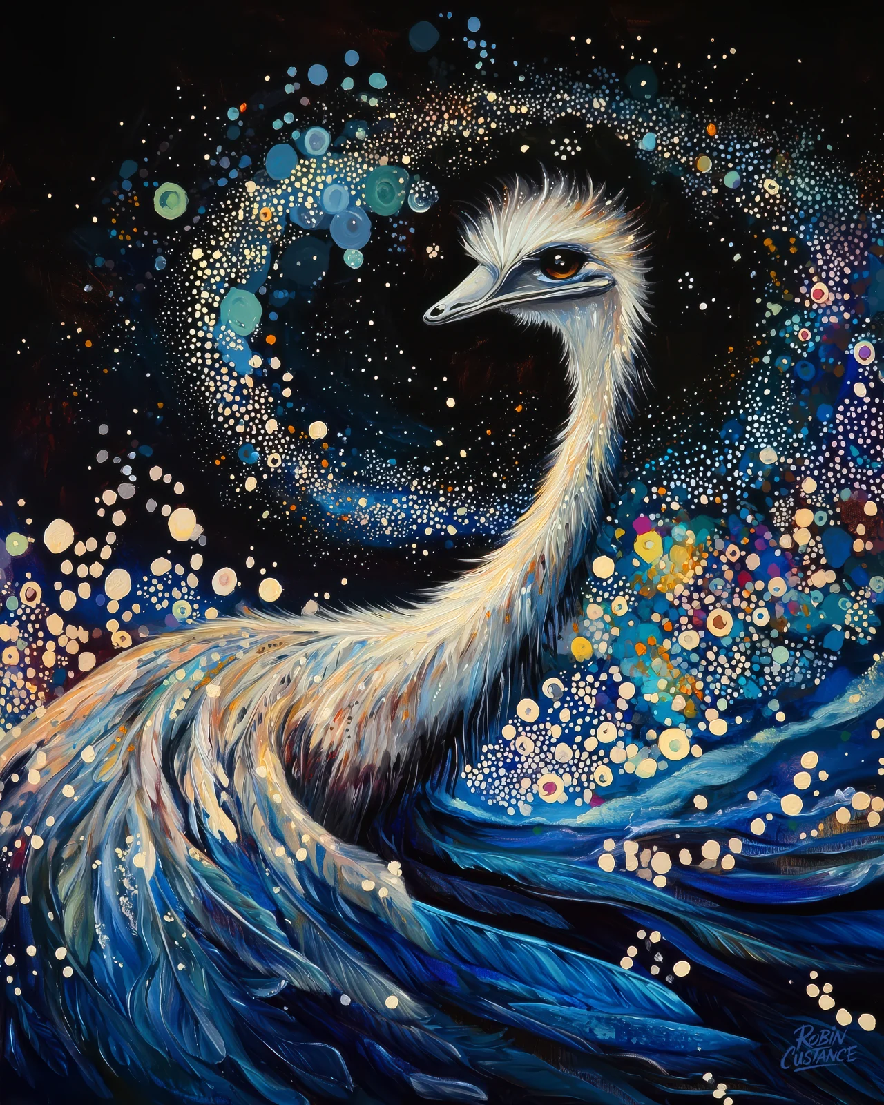 A long-necked emu rises through deep blue, teal and black waves beneath a halo of star-like dots and circular light.