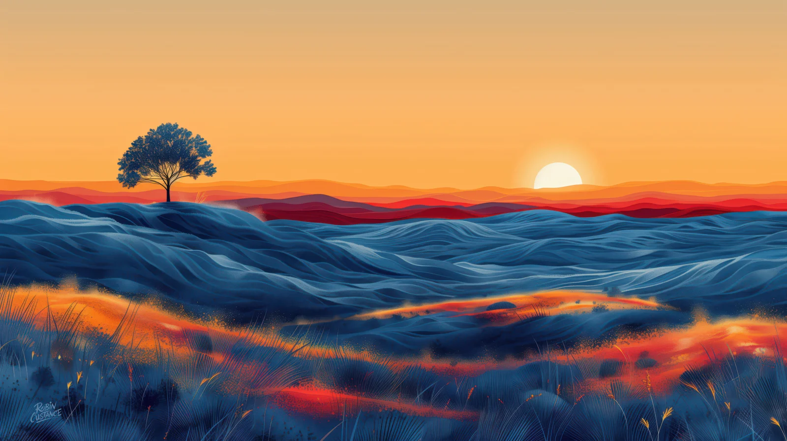 Lone blue tree on the left above layered cobalt hills, with orange-red ground, fine foreground grasses and a pale sun in a golden sky.