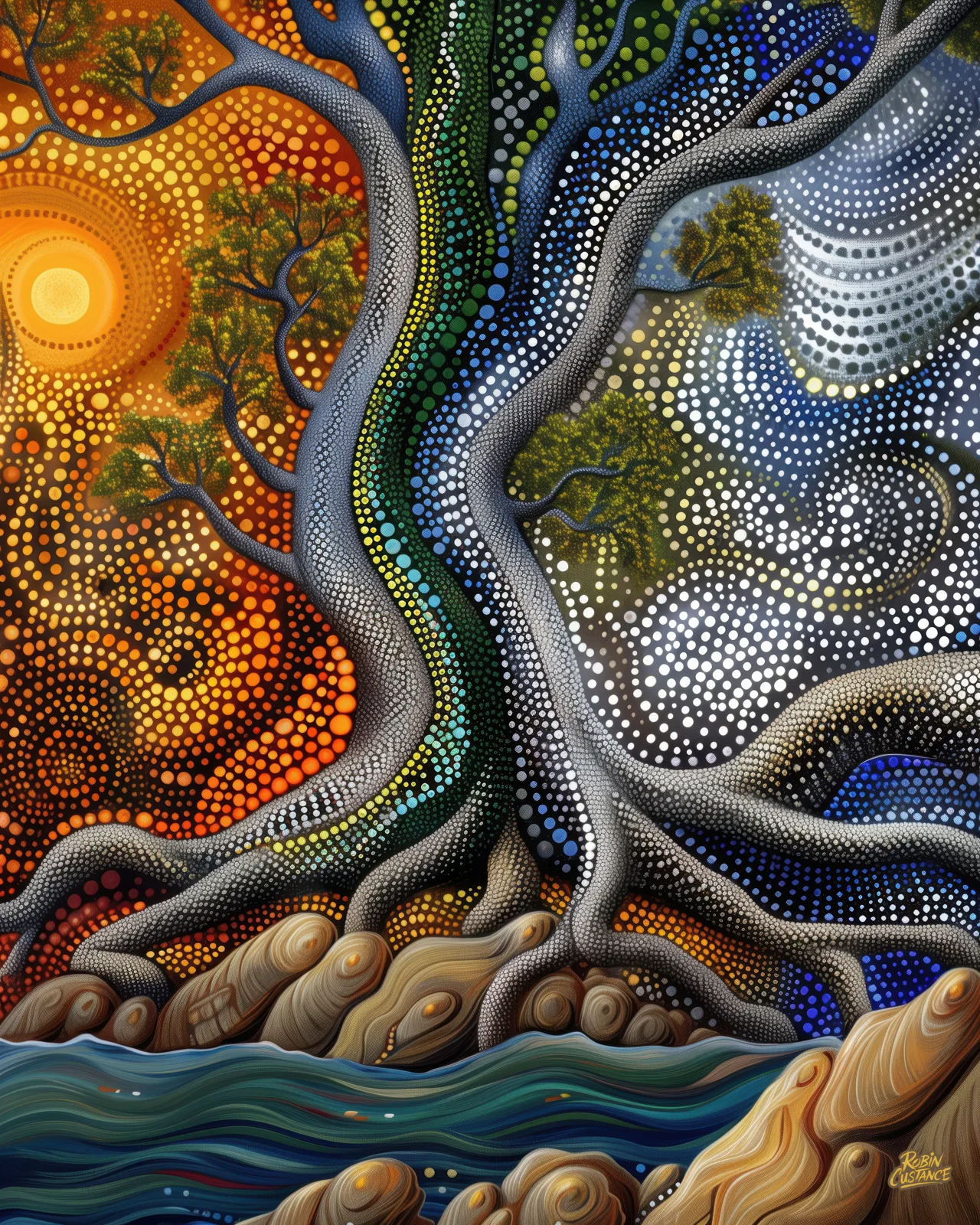 A huge twisting tree rises from rocks beside flowing water, its trunk dividing the composition between glowing orange light on one side and cool blue-white movement on the other.