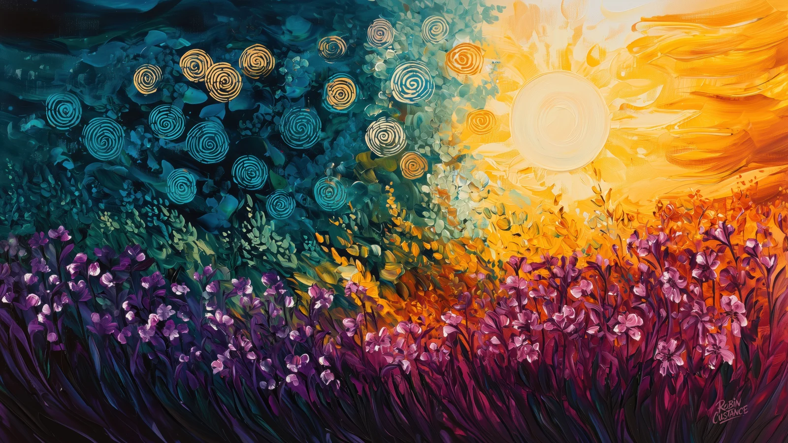Purple and magenta flowers on sweeping dark stems beneath a pale sun, with teal foliage and spirals on the left and golden-orange light on the right.