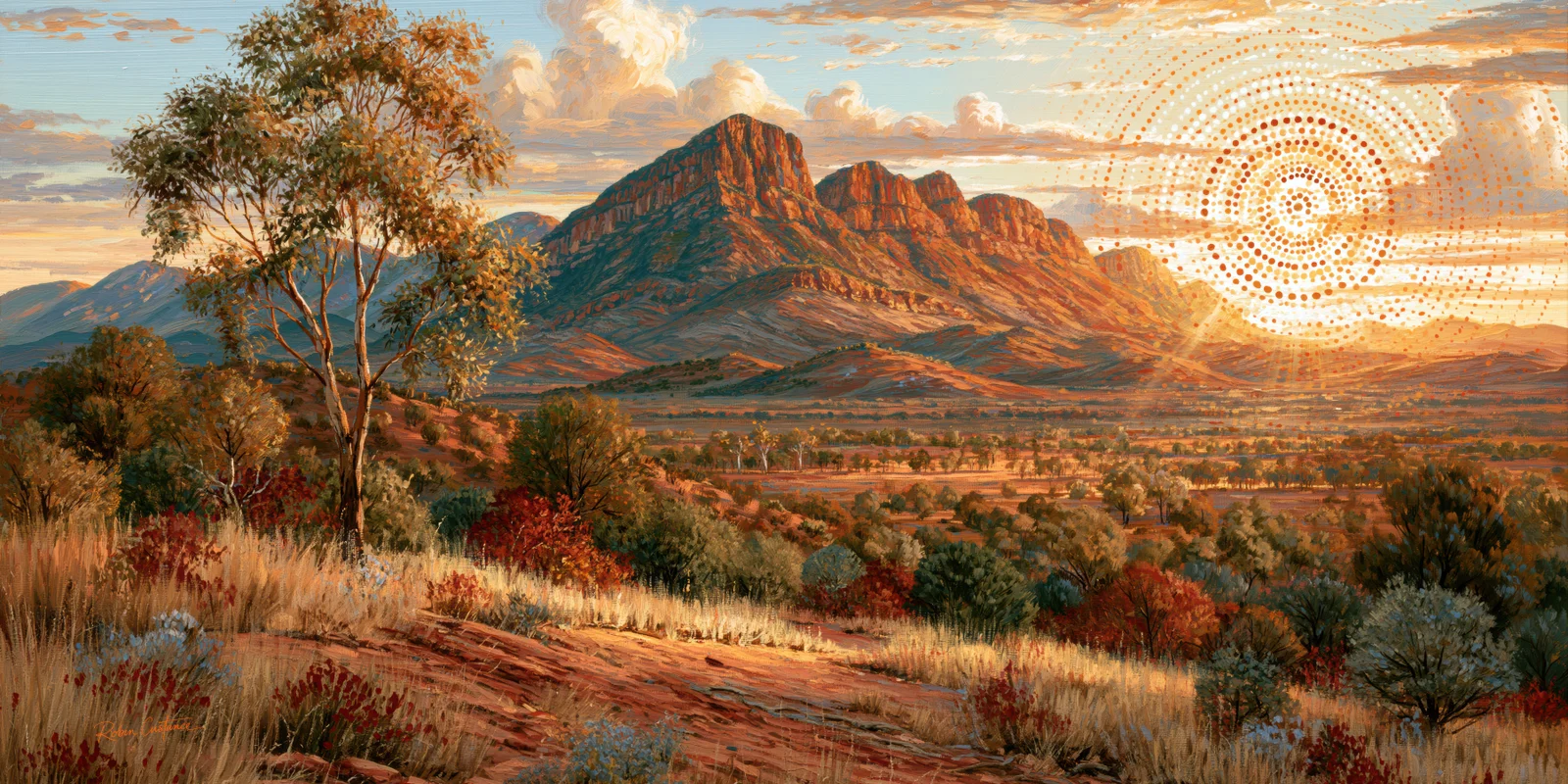 A tall tree at left overlooks orange mountains and golden grasses, while a large orange-and-white dotted sun-like circle fills the upper-right sky.