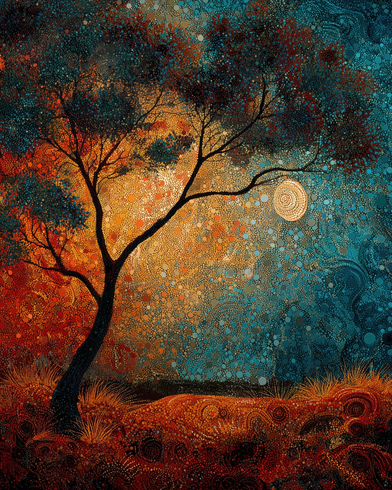 A dark spreading tree leans across a field that shifts from burnt orange and rust into deep teal and blue-green, with a pale circular glow held near the branches.