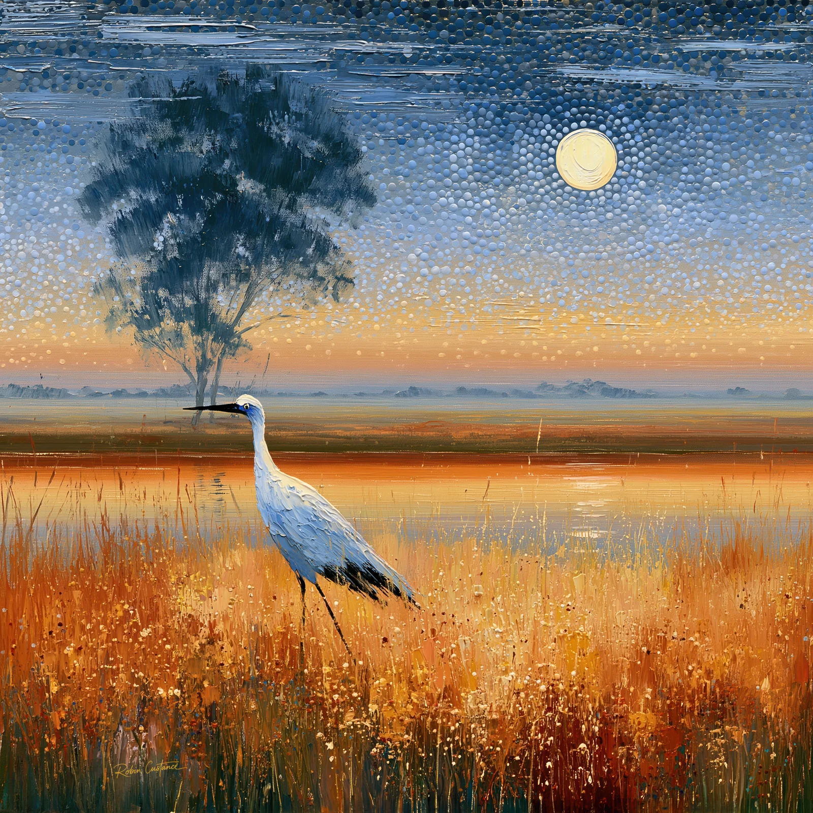 A single pale wetland bird stands in glowing orange grass beside still water, with a dark tree behind it and a round moon set into a blue-grey sky.