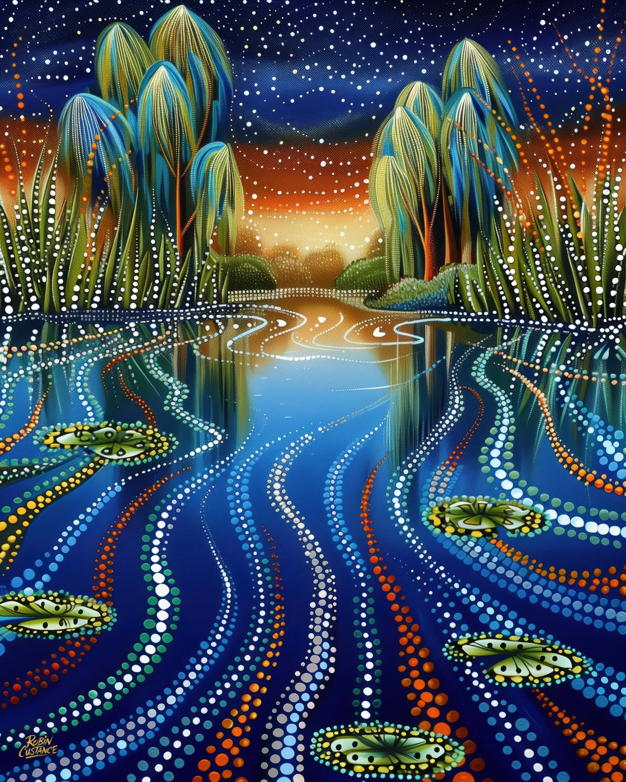 Stylised blue billabong with green lily-pad forms and winding dotted currents, bordered by drooping green trees beneath stars and a warm distant glow.