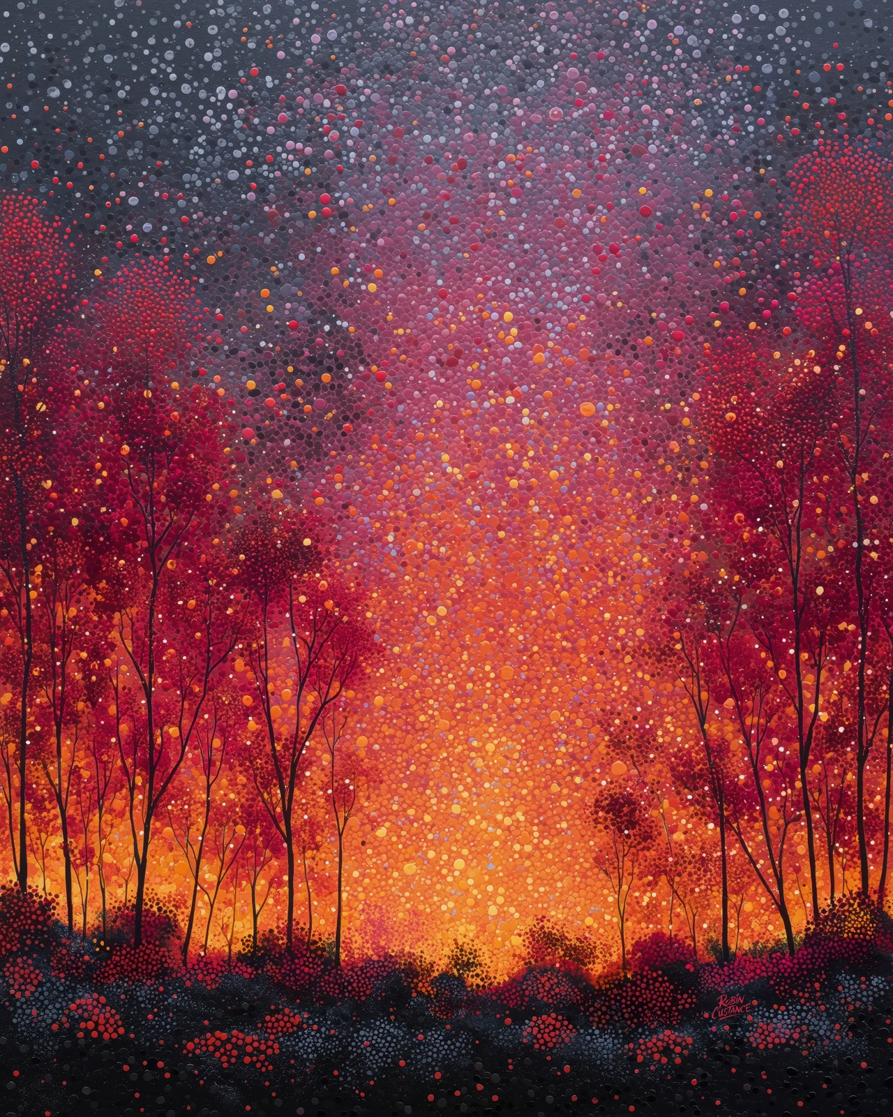 Red, orange and gold light seems to pour through a dark stand of trees, filling the sky with thousands of small glowing marks.