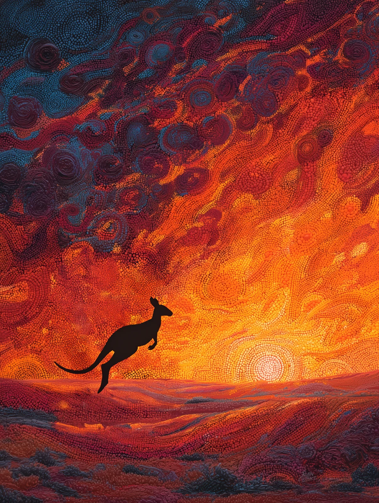 A kangaroo silhouette leaps across rolling red-orange ground as a bright sunset burns low on the horizon and swirling colour fills the sky.