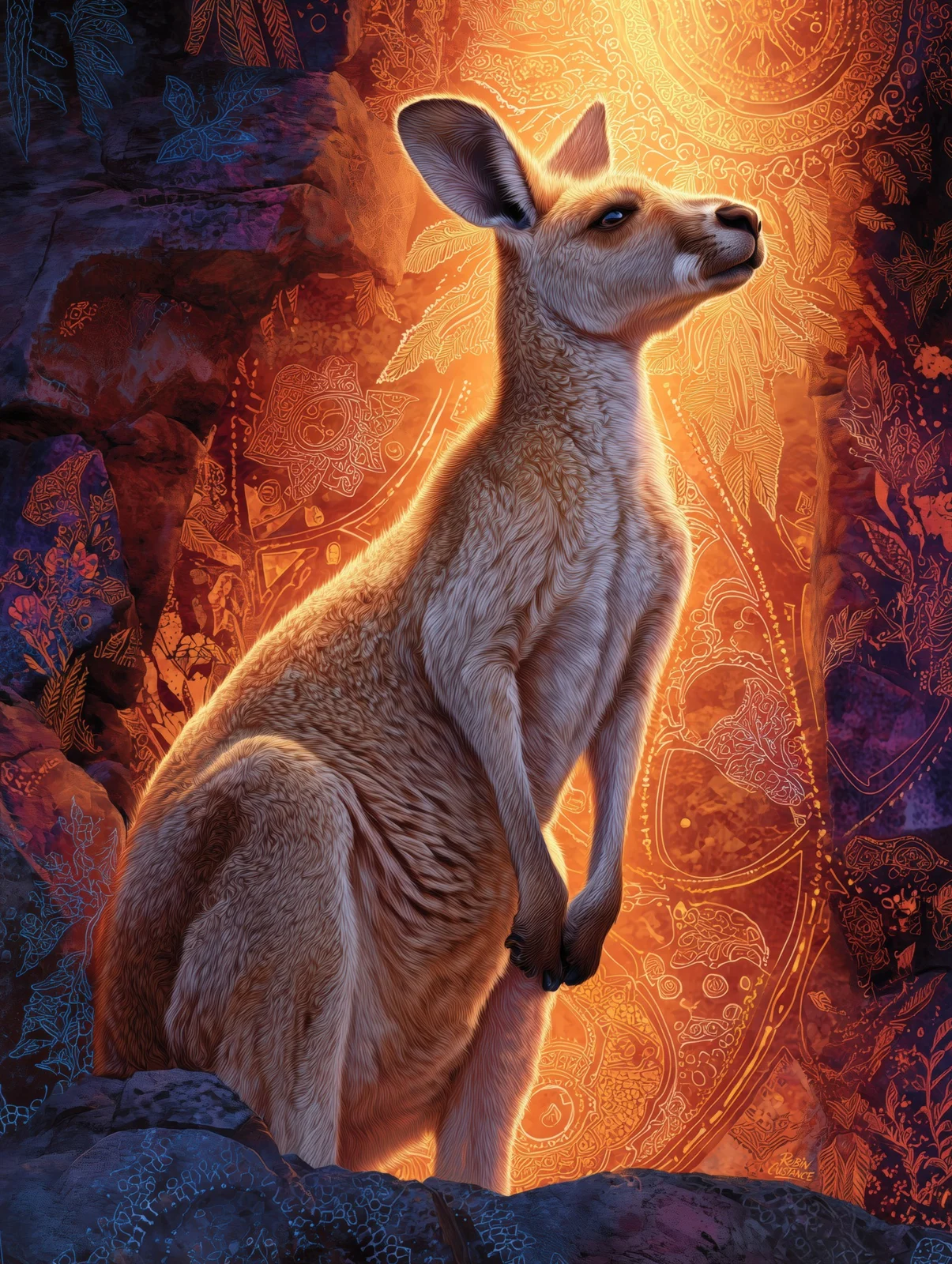 A seated kangaroo is caught in warm backlight, its pale fur edged by gold and orange against a deep purple-blue landscape.