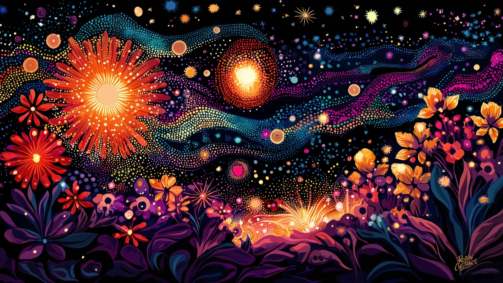 Red and orange flower-like forms glow across a dark horizontal nightscape, surrounded by violet, blue and teal bands scattered with stars and circular light.