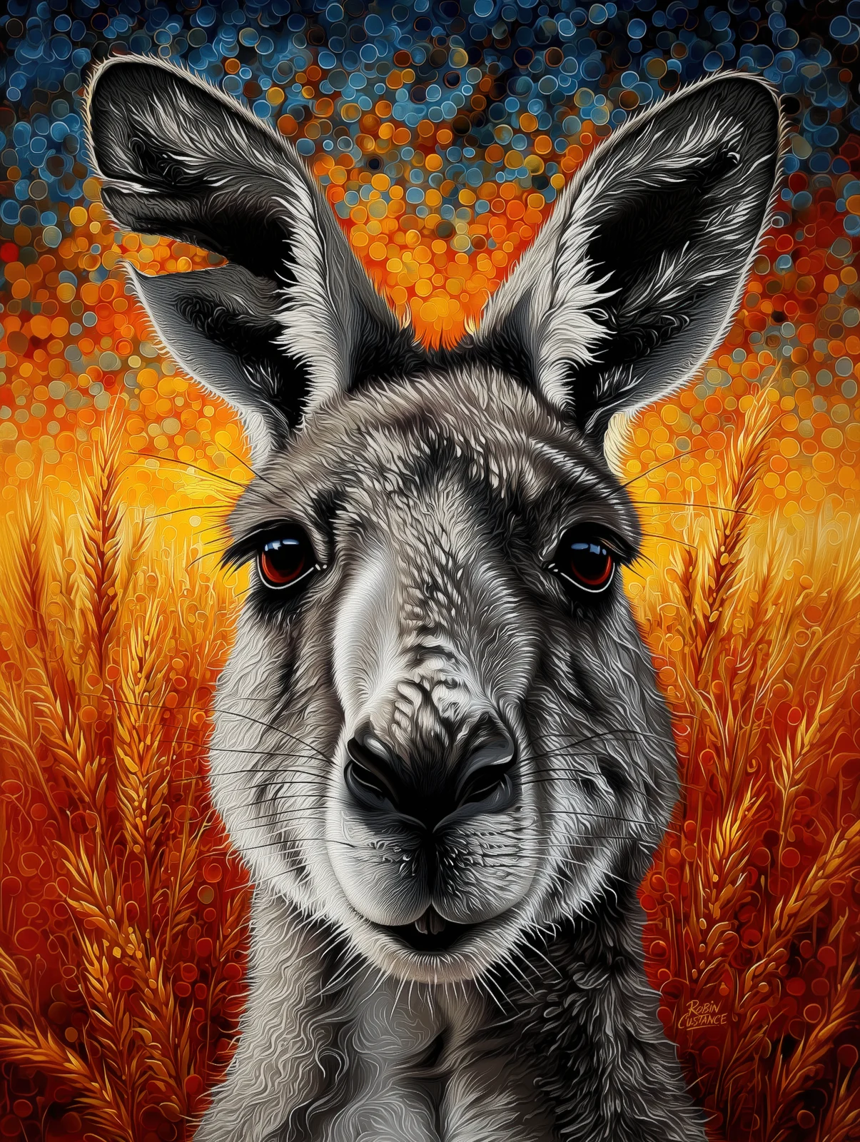 A kangaroo meets the viewer head-on against a field of ember orange, gold and deep blue dots, with warm grasses rising around the lower portrait.