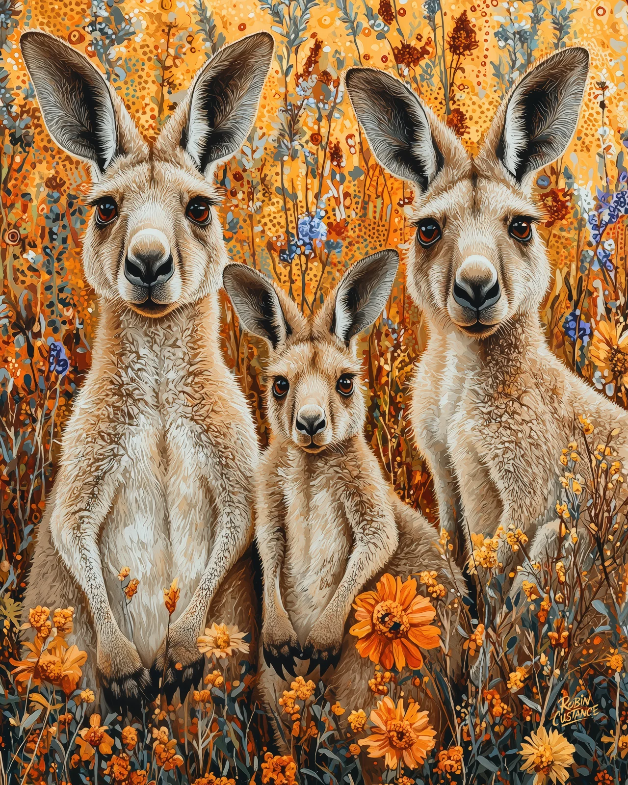 Three kangaroos stand together among orange wildflowers and warm bush colour, with the smaller animal tucked between the two larger figures.