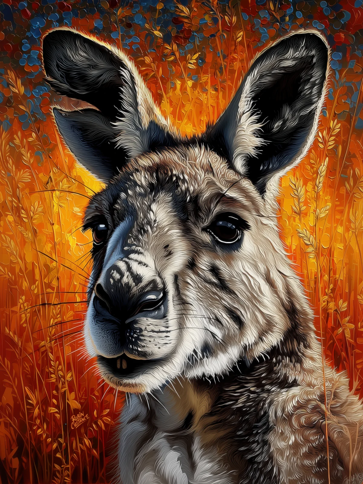 Old Man Pa fills the frame against glowing ember grasses and a warm orange-red background, with darker ears and grey-brown fur holding the portrait steady.