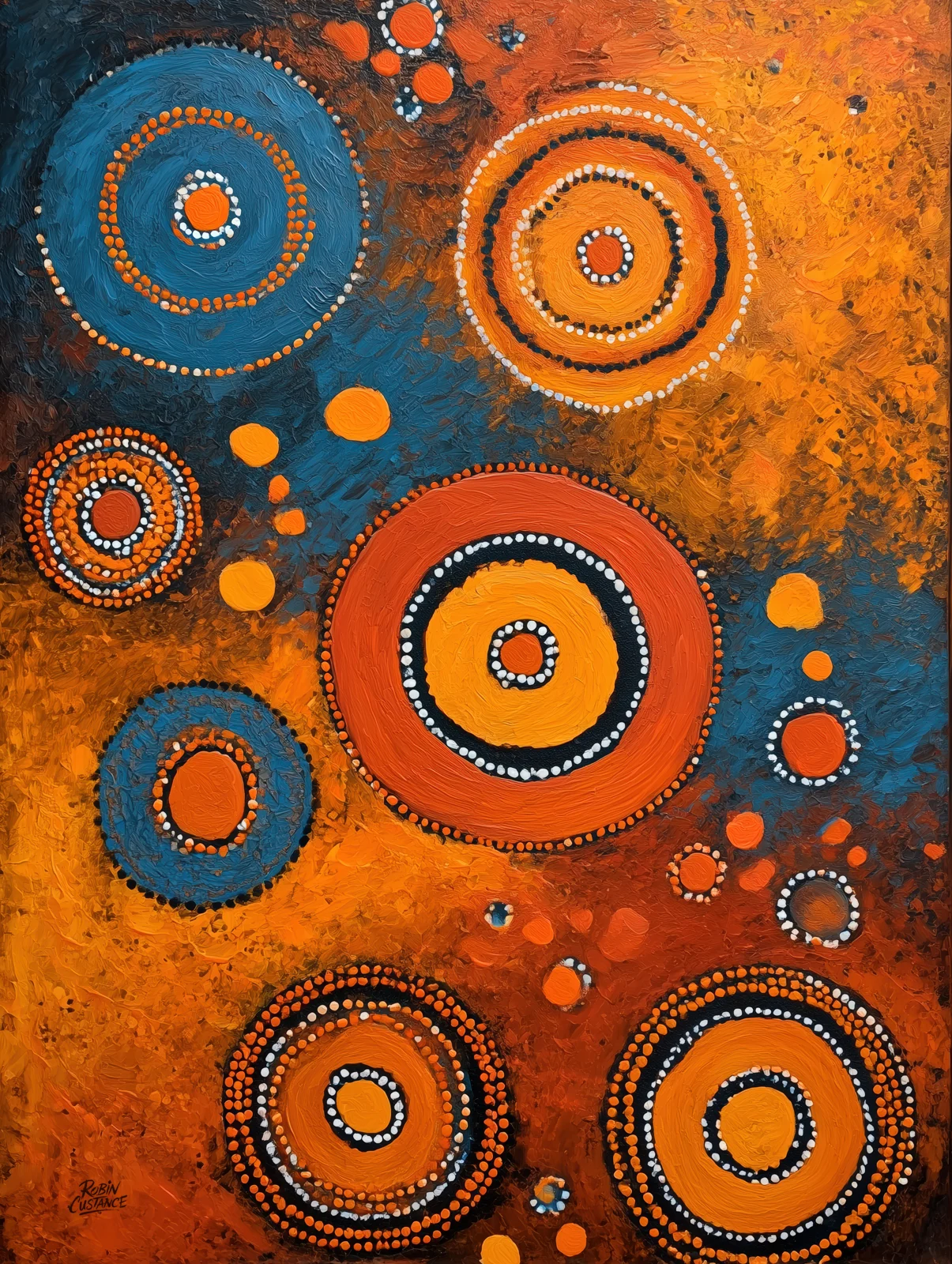 Large concentric circles in orange, blue, black and white sit across a richly textured field, linked by smaller dots and shifting patches of colour.
