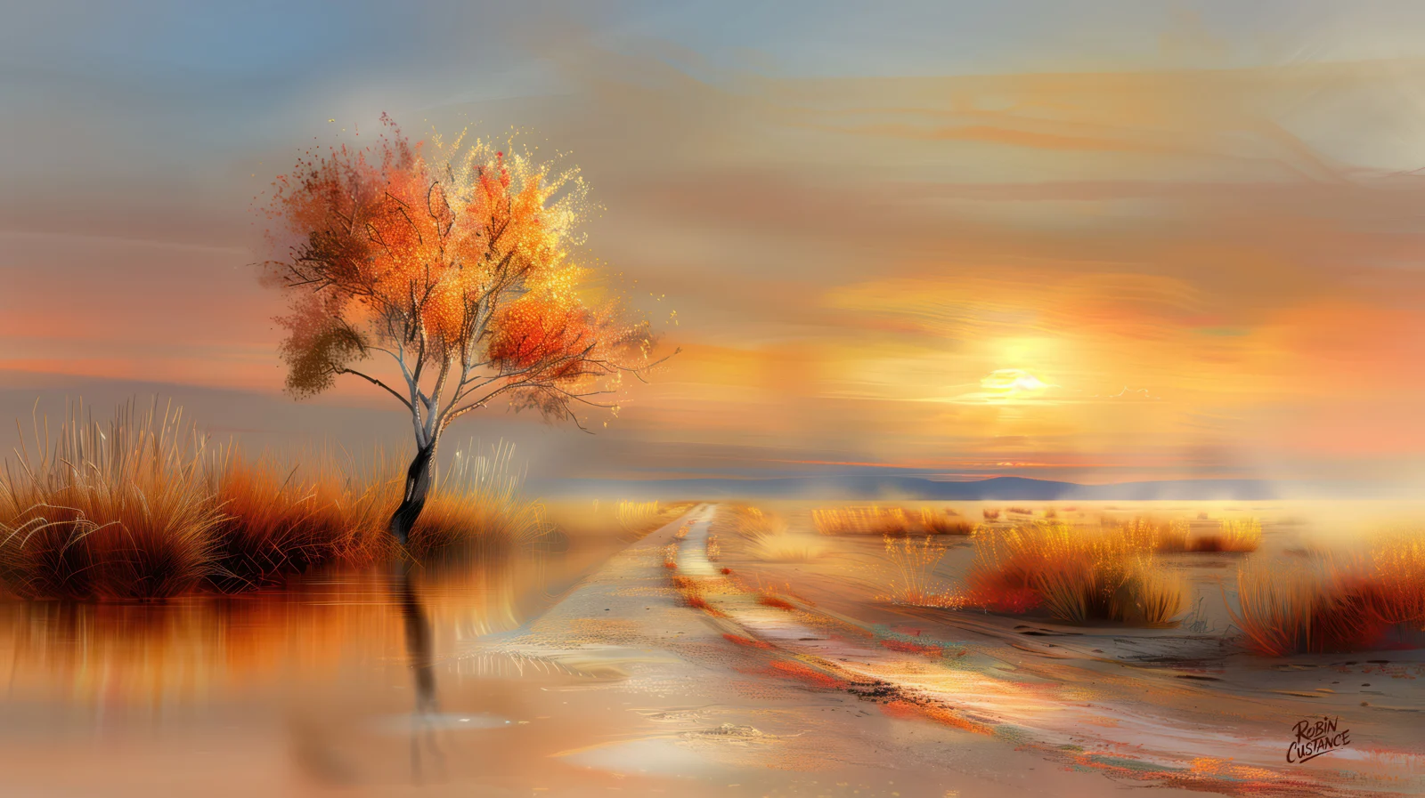 Orange-gold tree beside still reflections and a pale curving track, beneath a soft grey-blue sky with a glowing low sun on the right.