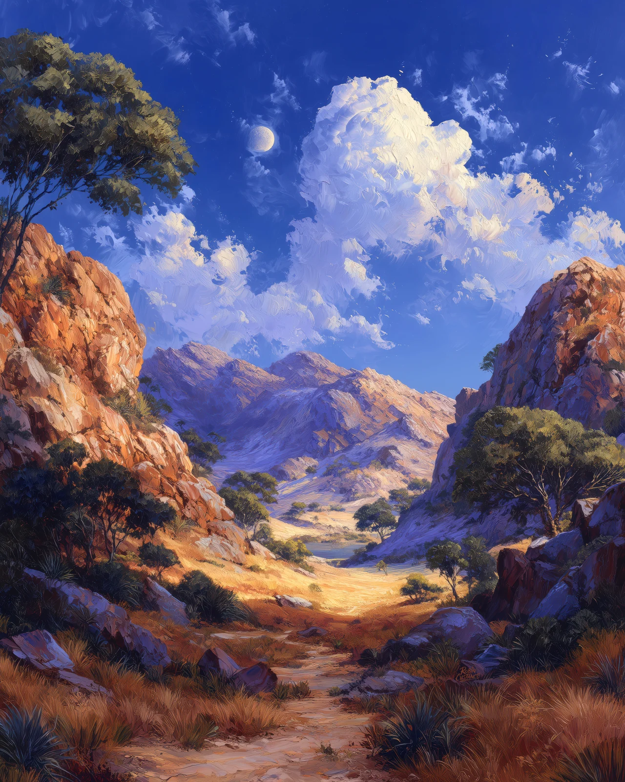 A winding path leads through a rugged rocky valley towards distant blue-purple ranges beneath a broad sky filled with bright white clouds.