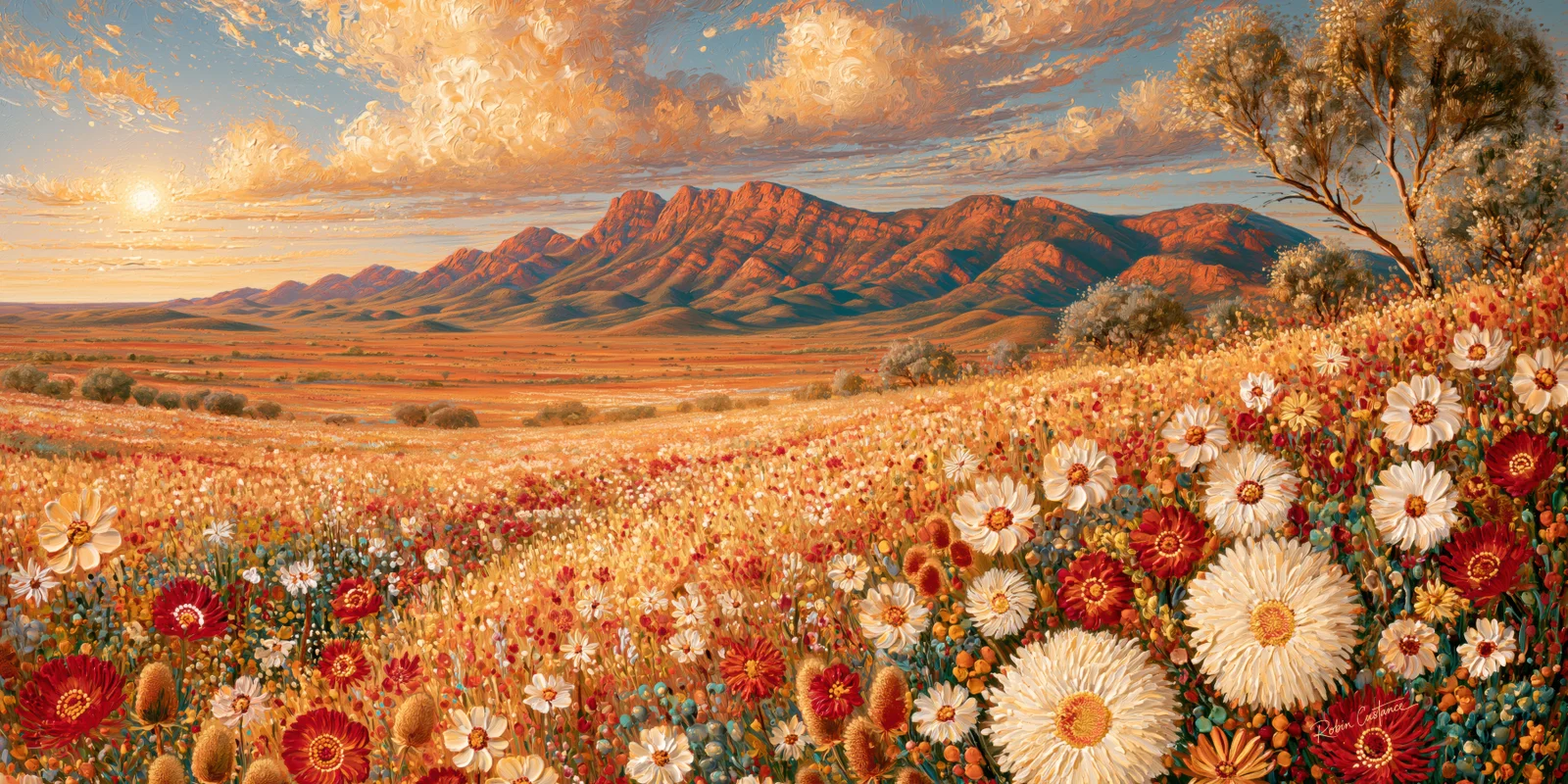 Large cream and red flowers fill the foreground, especially on the right, before a golden plain and long red mountain ridge, with a low sun at left and a tree at upper right.