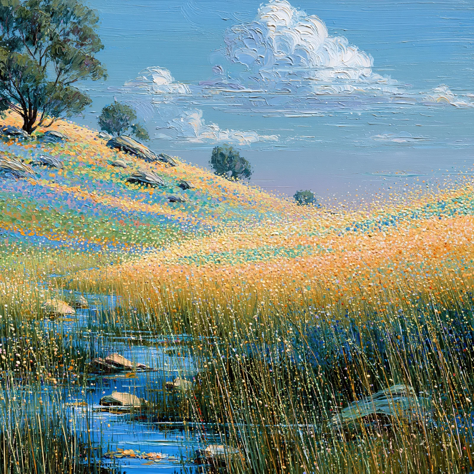 A narrow blue stream winds among grasses and pale rocks below a pastel-dotted hillside, scattered trees and large textured-looking white clouds in a blue sky.