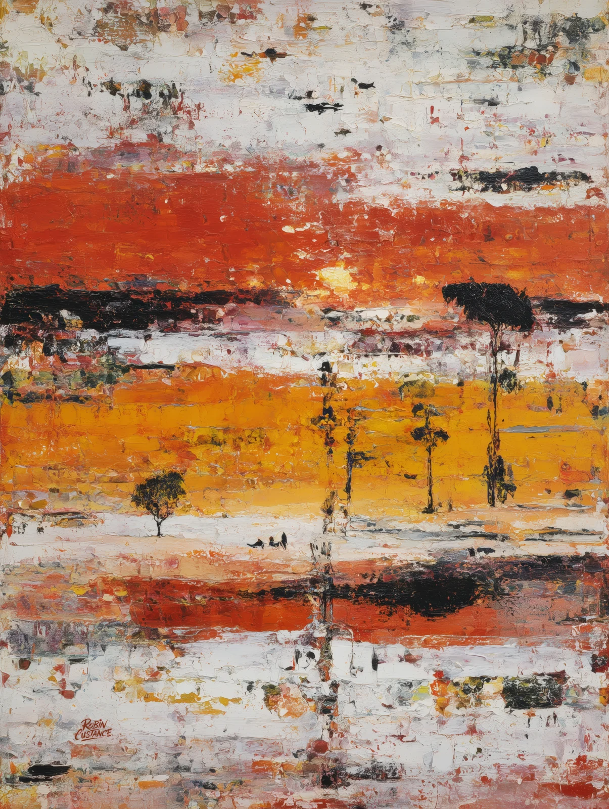 Bands of orange, rust, cream and charcoal stretch across this abstract landscape, broken by a few tiny dark tree-like forms and rough painterly marks.