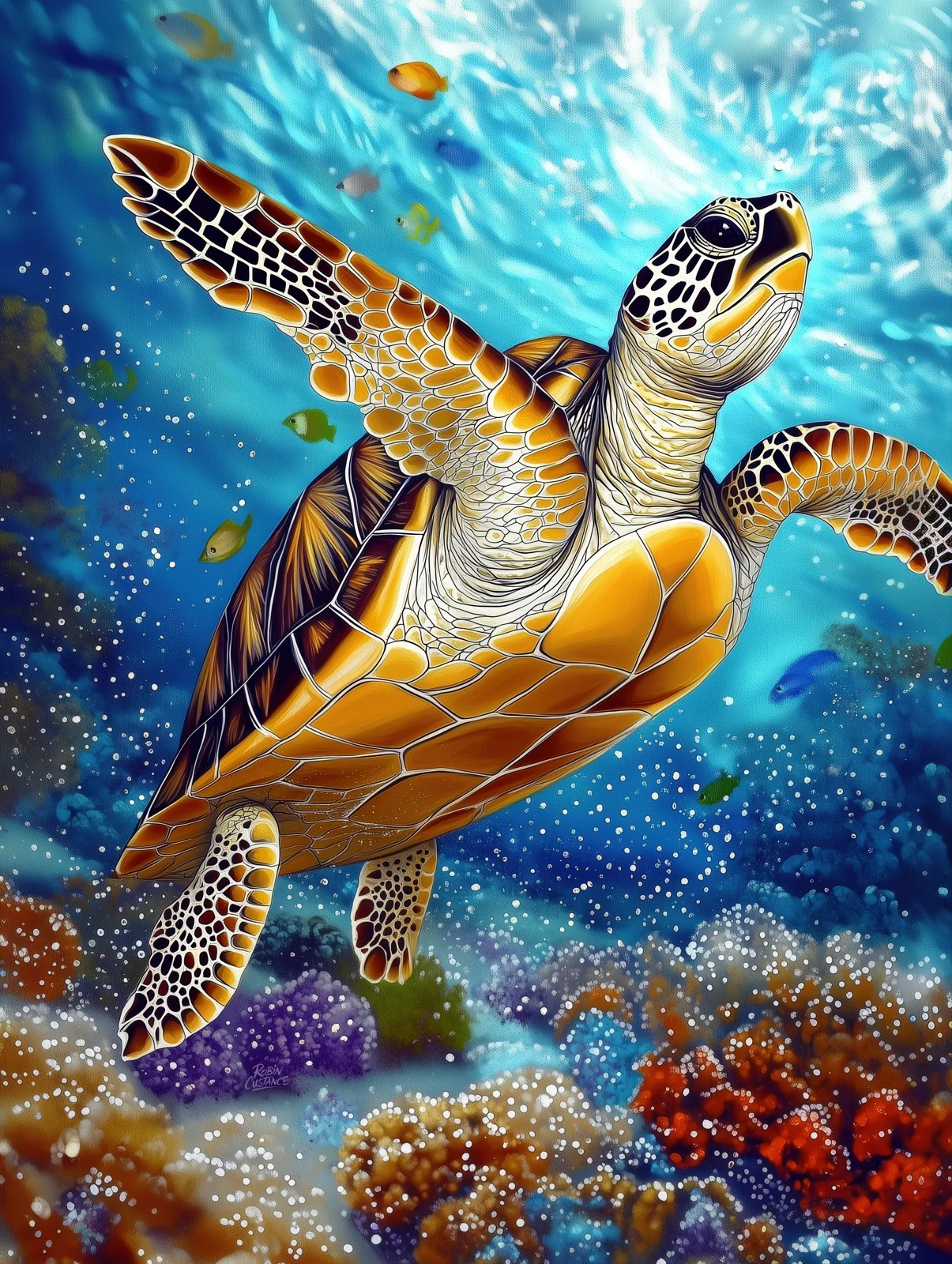 Sea turtle seen from below swimming upwards with spread flippers, an amber-cream underside and dark shell, beneath bright blue water with small fish.