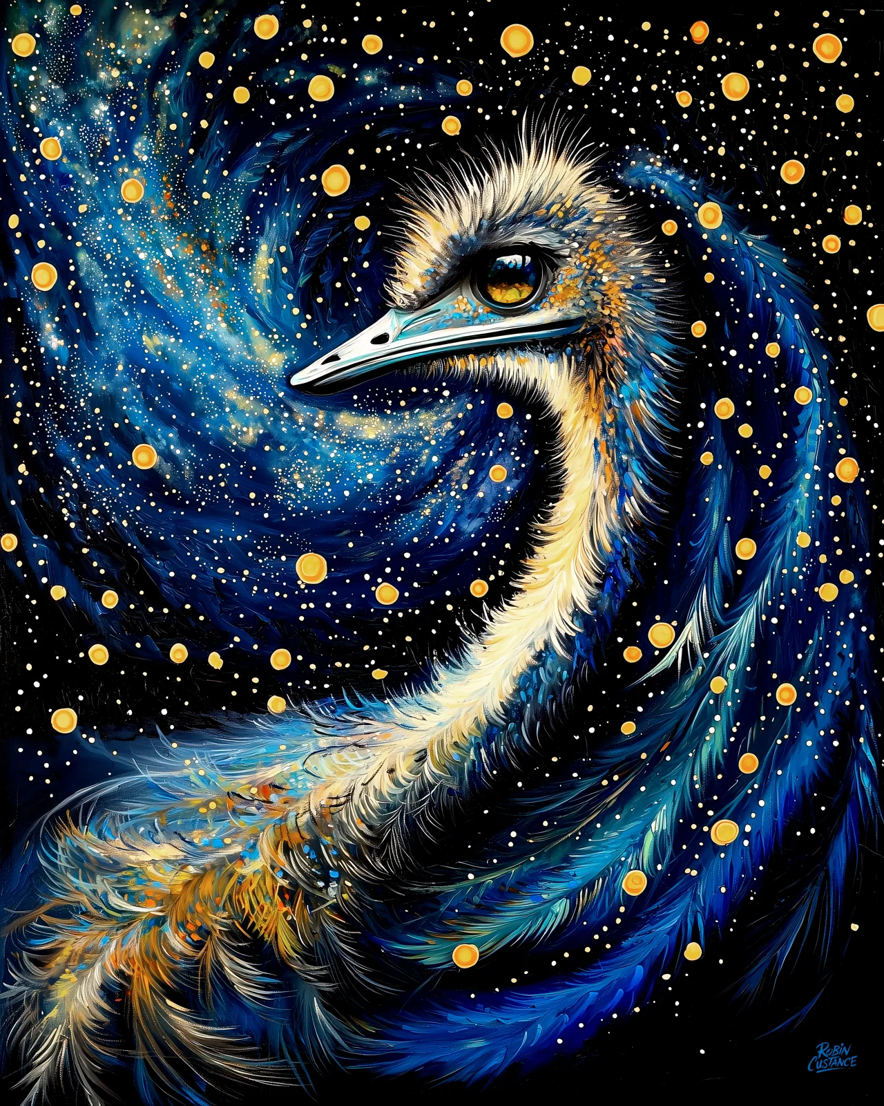 An emu stands against a swirling deep blue galaxy, with warm gold stars scattered through black space and light catching the feathers along its neck.