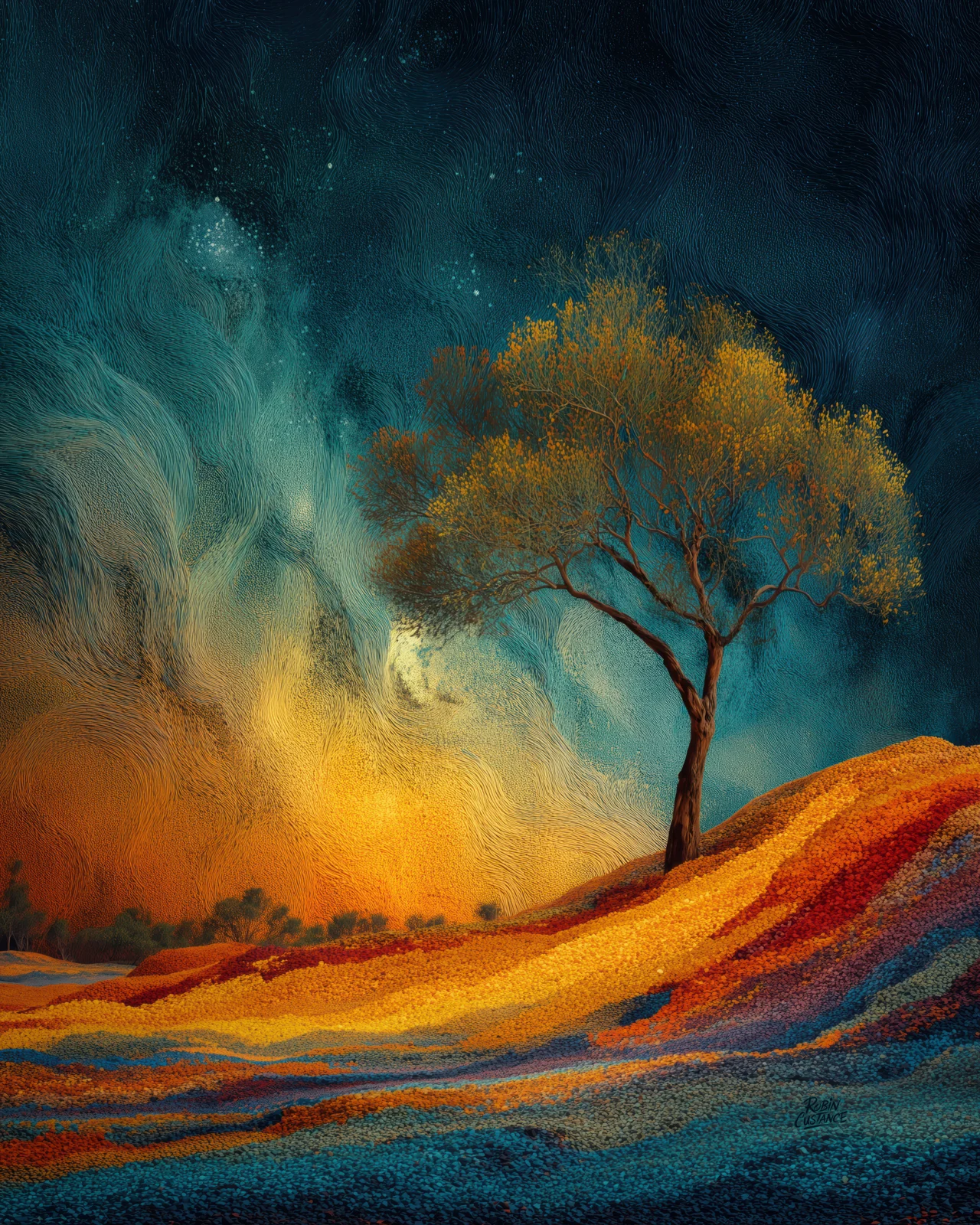 A lone tree stands on a rolling orange hillside while deep teal sky and sweeping fire-coloured light move behind it.