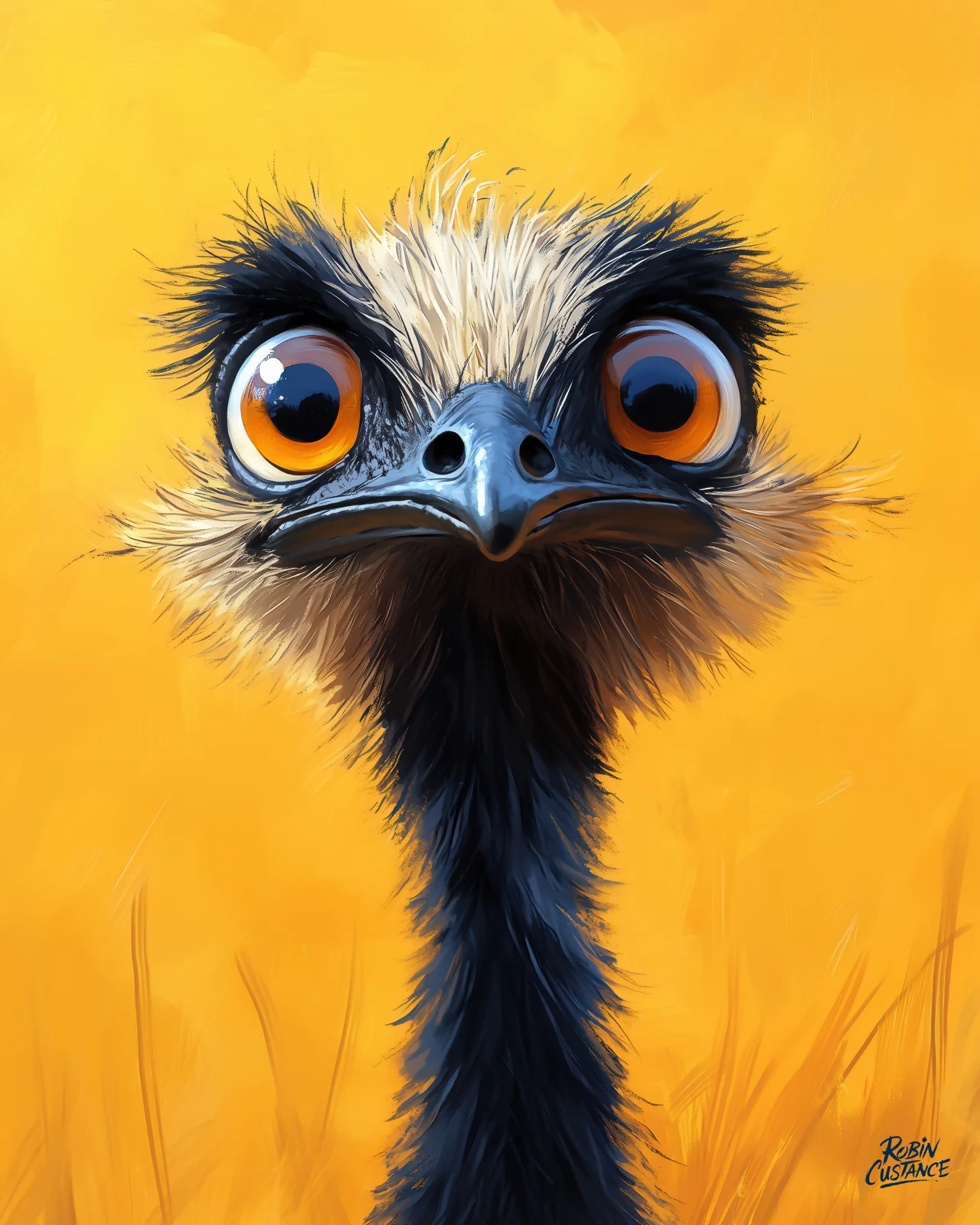 A wide-eyed emu stares straight out from a bright golden-yellow background, its oversized orange eyes and scruffy black-and-white feathers giving the portrait immediate comic timing.