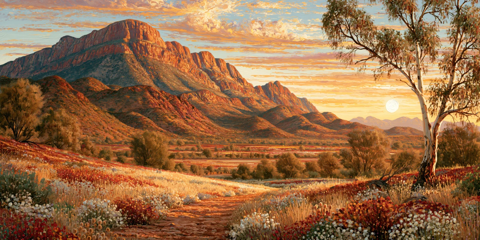 A rough foreground path passes through cream and red floral detail towards orange ranges, with a tall pale tree at the right and a low white sun above the distant hills.
