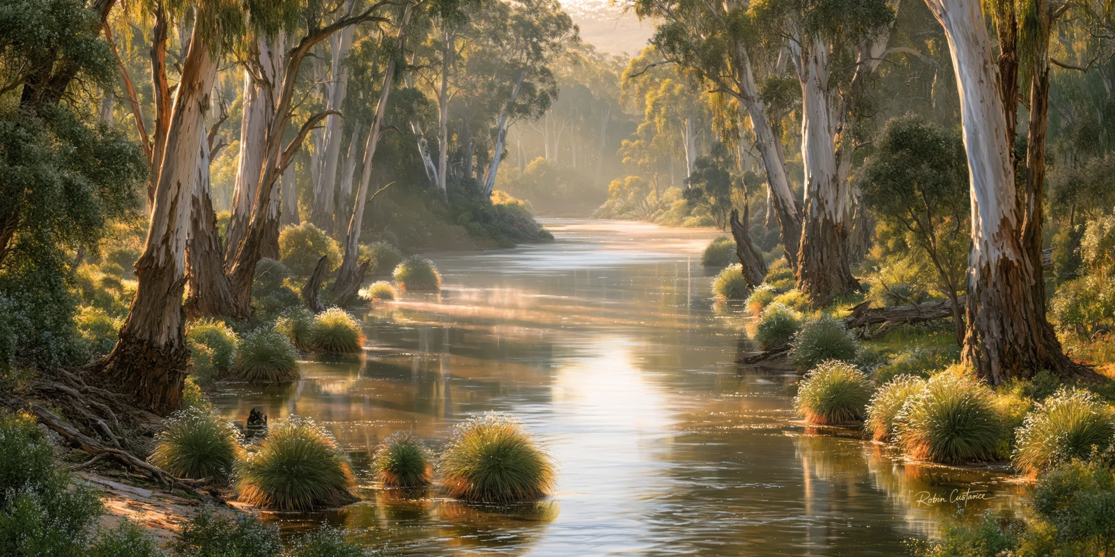 A gently rippled river runs between tall pale-barked trees and rounded grass clumps, with dark olive foliage and golden light reflected down the centre.