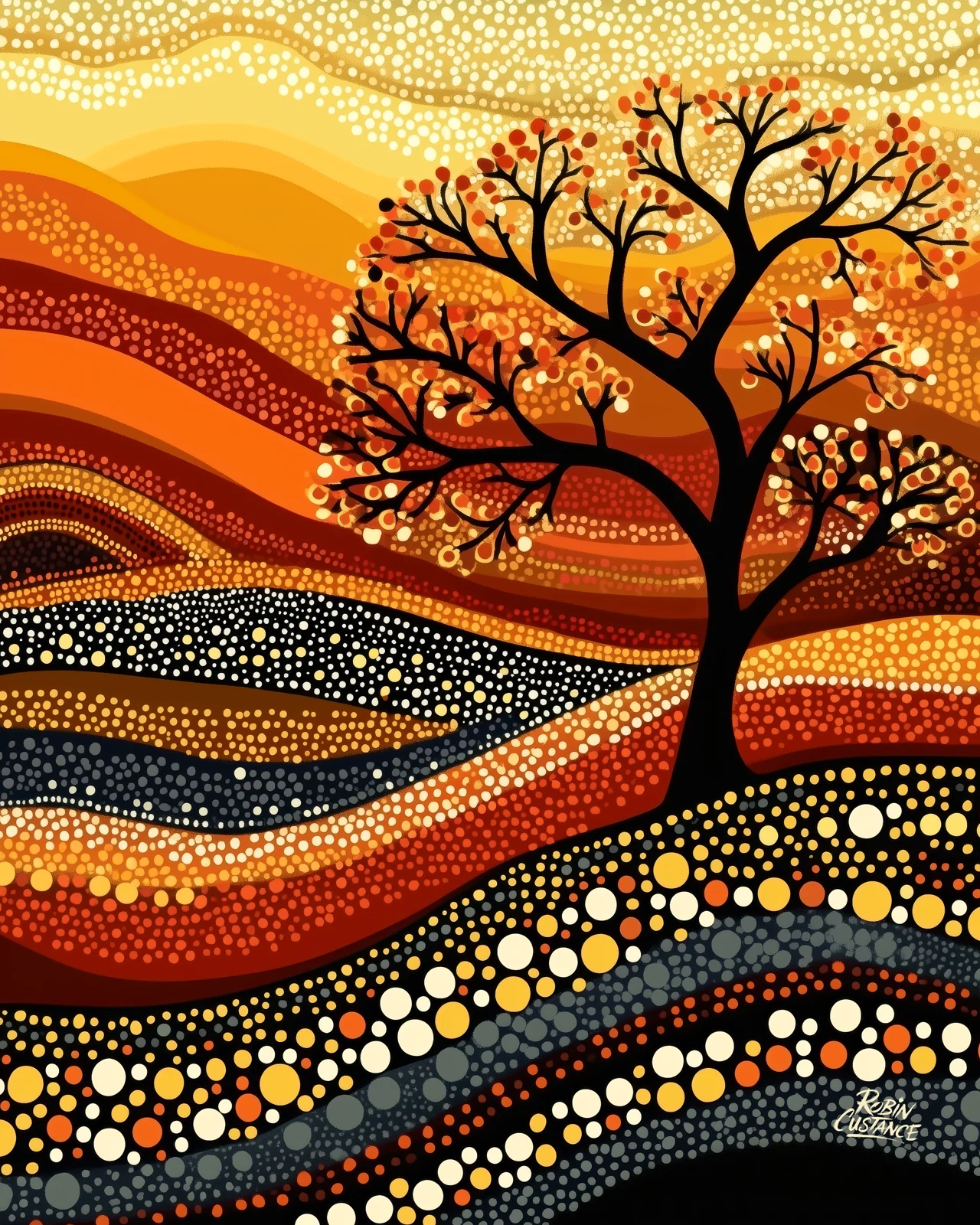 A dark tree rises over layered bands of orange, rust, cream and black, with thousands of small dots following the curves of the land.