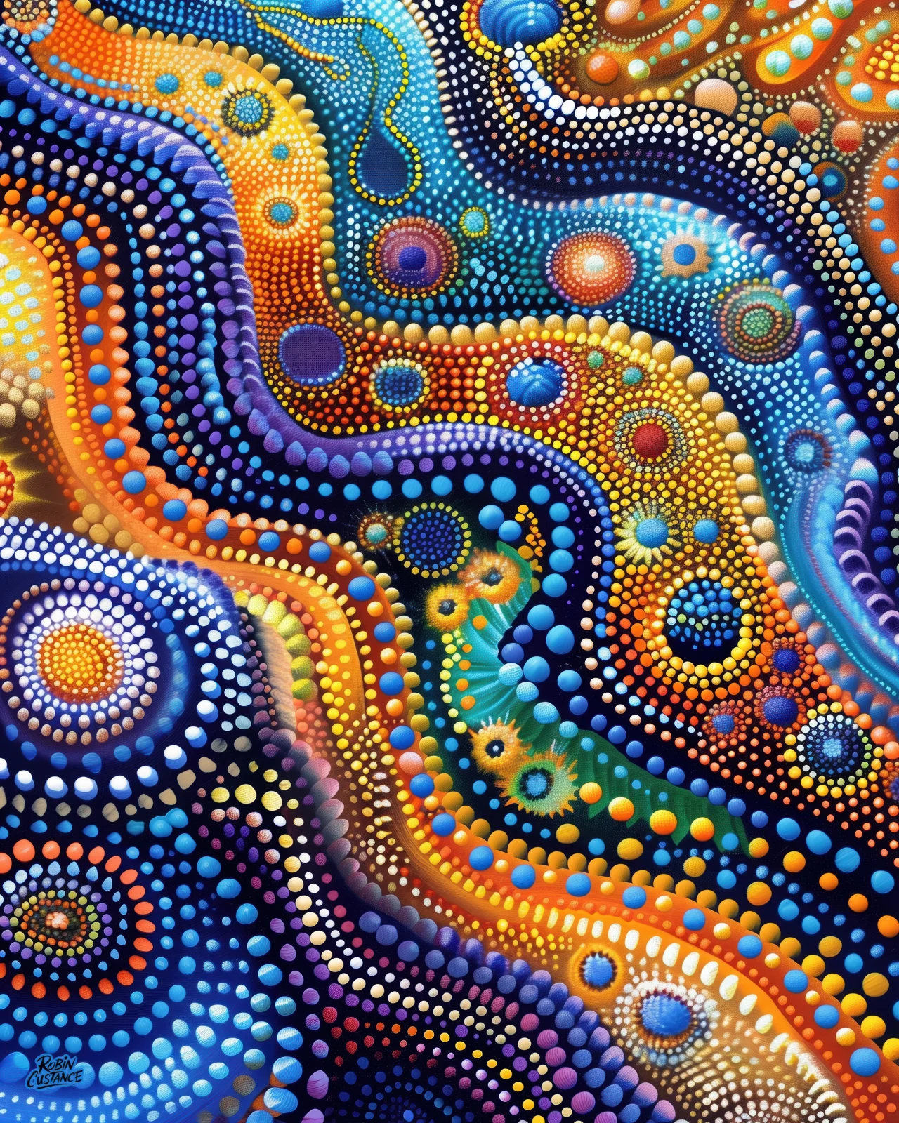 Blue, turquoise, orange, gold and violet bands flow across this abstract composition in winding channels of dense circular and dot-style detail.