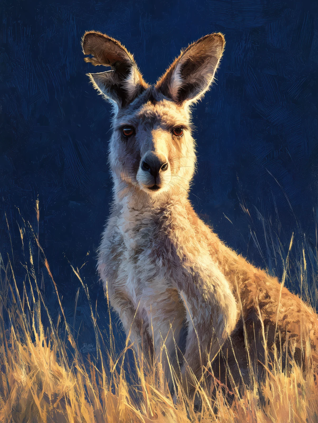 Old Man Pa stands upright in golden grass against a deep blue background, with warm light catching one side of the kangaroo and the tips of the ears.