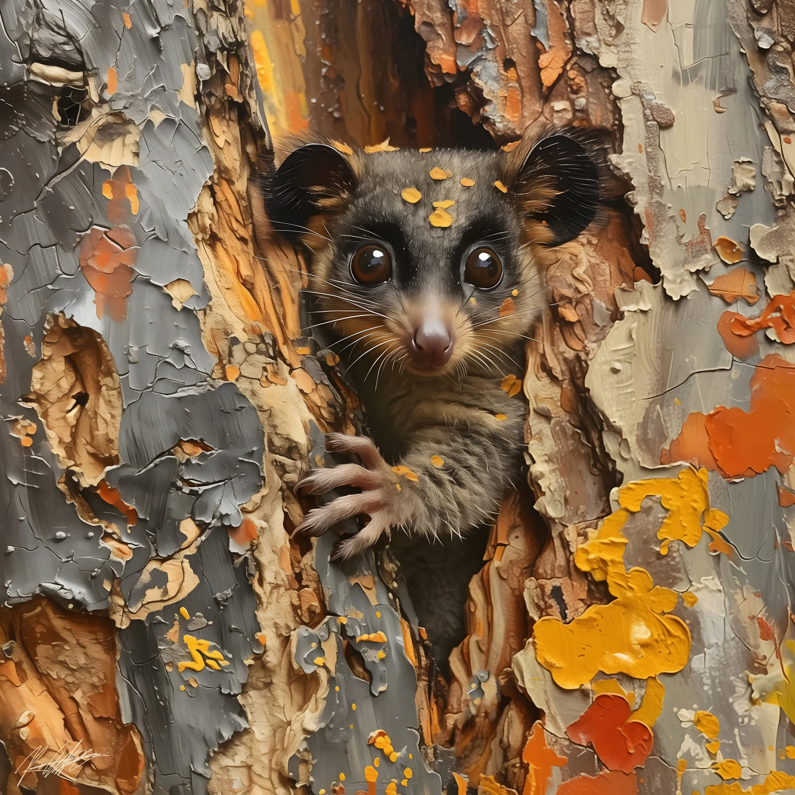 A small possum peeks from a hollow in thick peeling bark, its dark eyes and tiny paws emerging from layers of brown, gray, orange and cream texture.