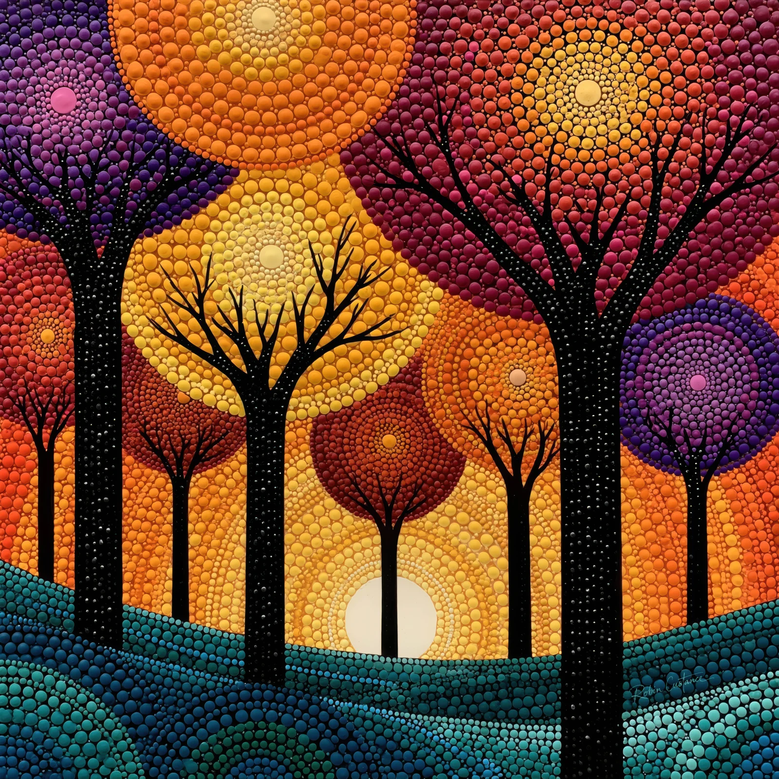 Black tree trunks beneath large circular orange, gold and purple canopies made of rounded dots, with a pale low sun and teal foreground slope.