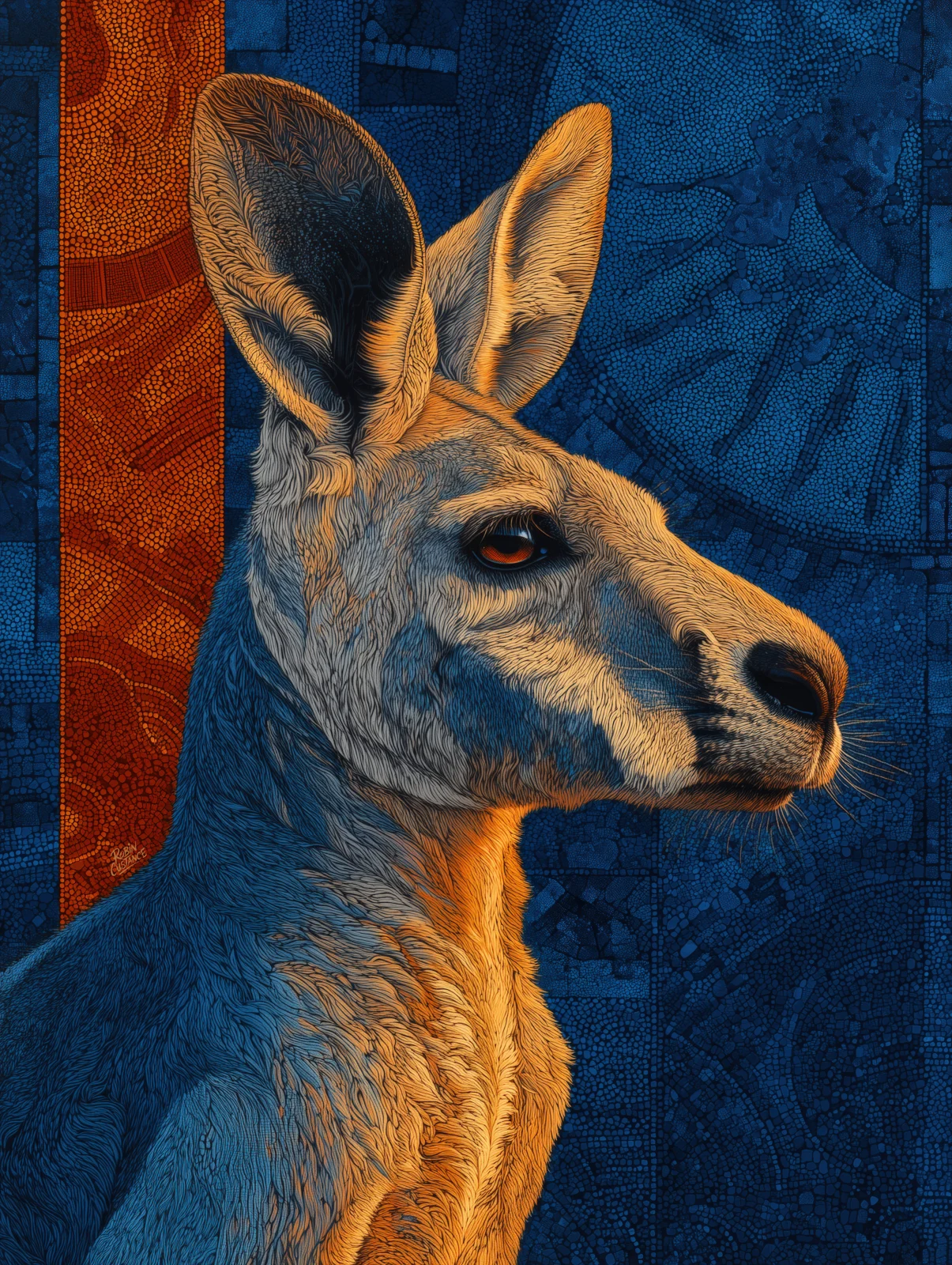 A close kangaroo portrait emerges from deep blue shadow, with warm orange light catching the face, chest and upright ears.