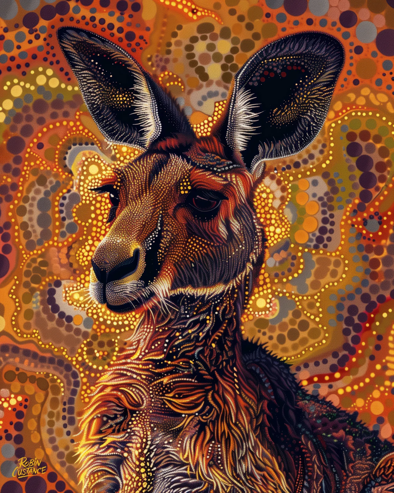A close kangaroo portrait fills this vertical composition, surrounded by layered ochre, orange, gold and dark dot-style marks.