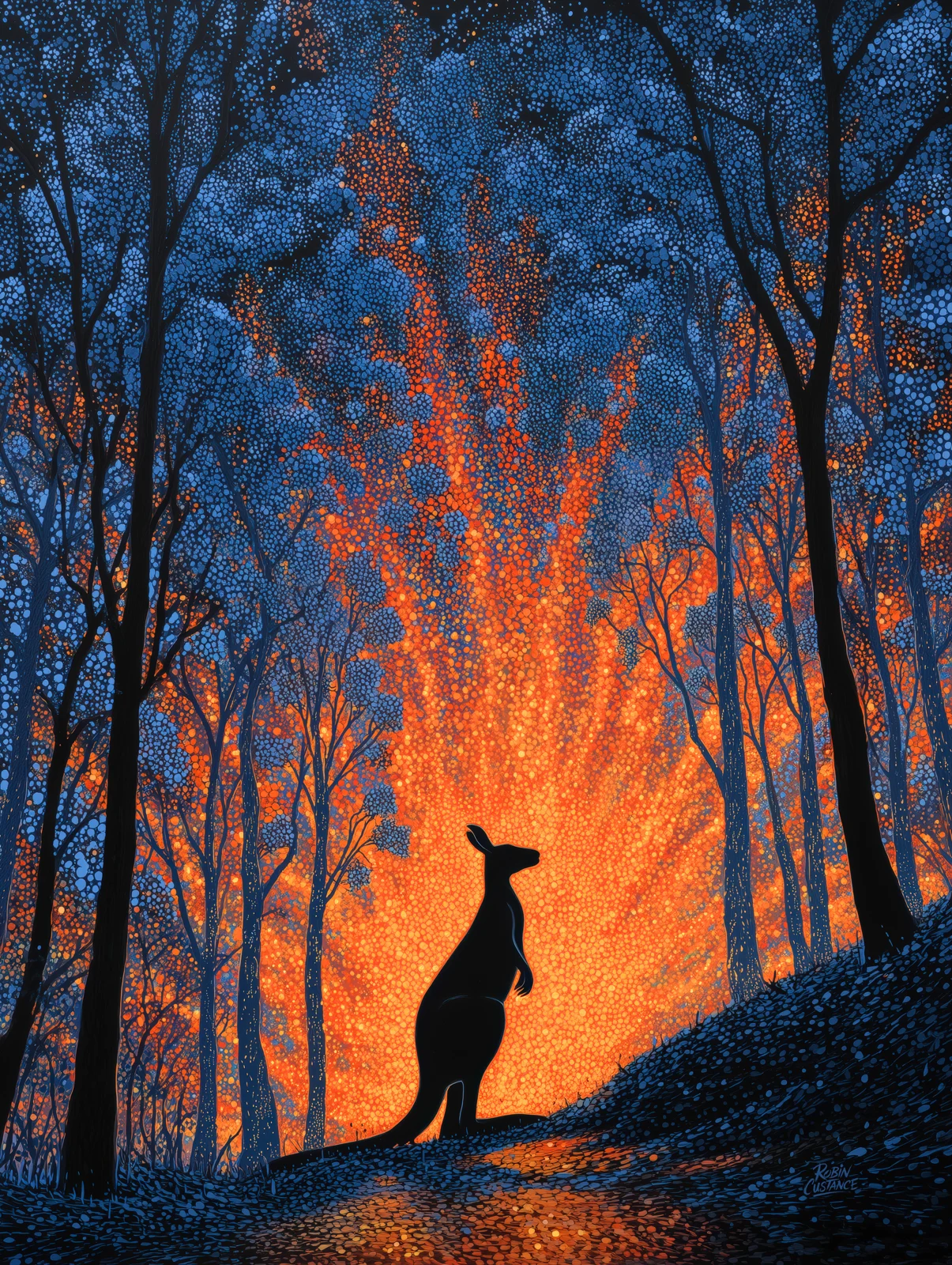 A dark kangaroo silhouette stands among tall blue-black tree trunks while a vivid orange glow rises behind it like embers caught in the air.