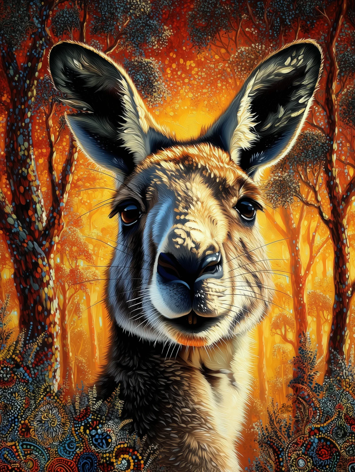 Old Man Pa stands between dark tree trunks and a fiery orange-gold background, with patterned colour gathering around the lower edge of the kangaroo portrait.