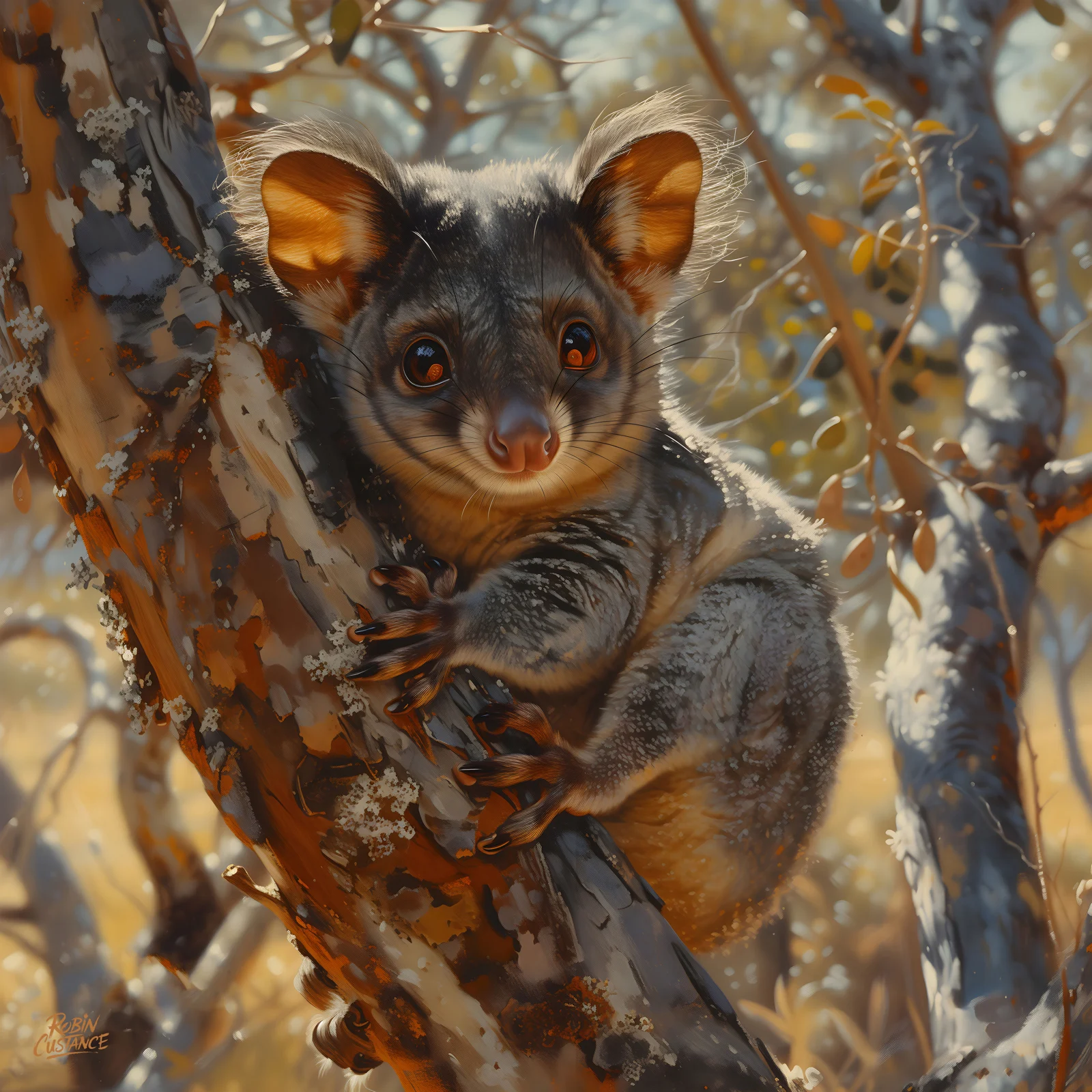 A small possum clings to a textured tree trunk, looking straight out through warm golden light and softly blurred branches.