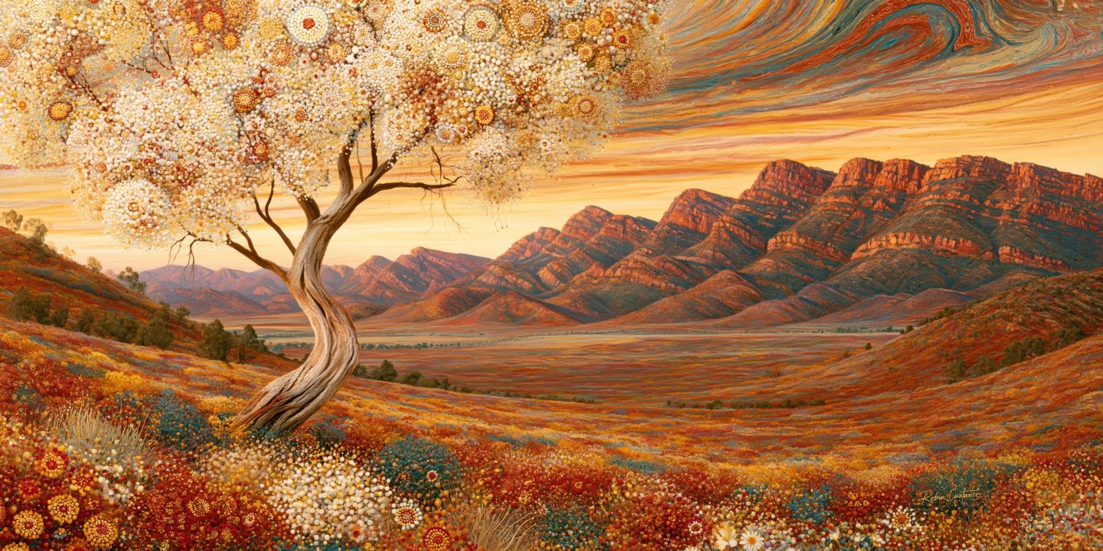 A curved grey-brown tree supports a broad cream-and-gold canopy of circular motifs above red, teal and gold slopes, with orange ranges and a swirling teal-and-rust sky.