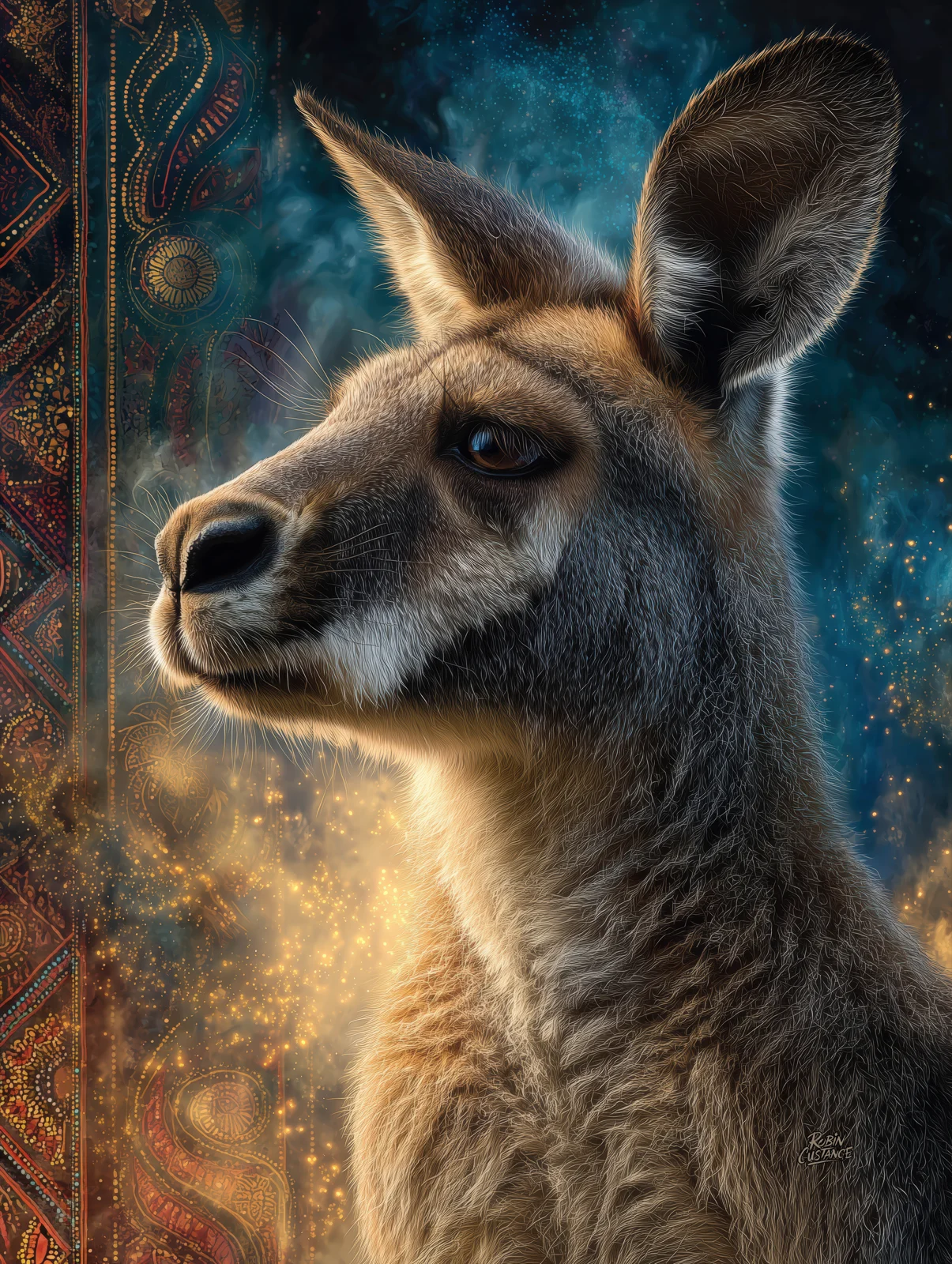 A close kangaroo portrait fills the frame in deep blue, teal and ochre light, with the face emerging gently from a dark textured background.