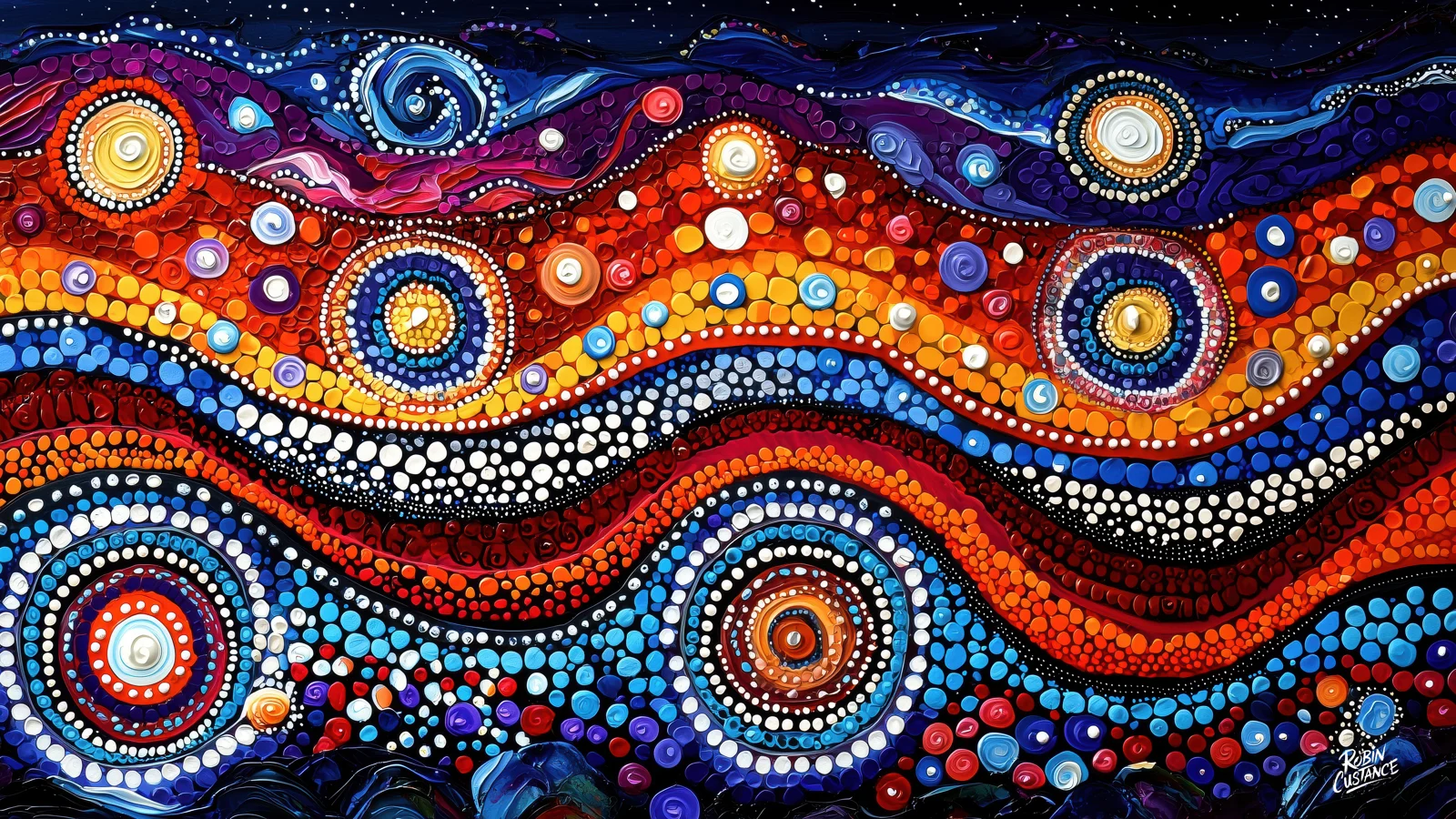 Bands of red, orange, blue, black and white flow around concentric circles and small moon-like forms.