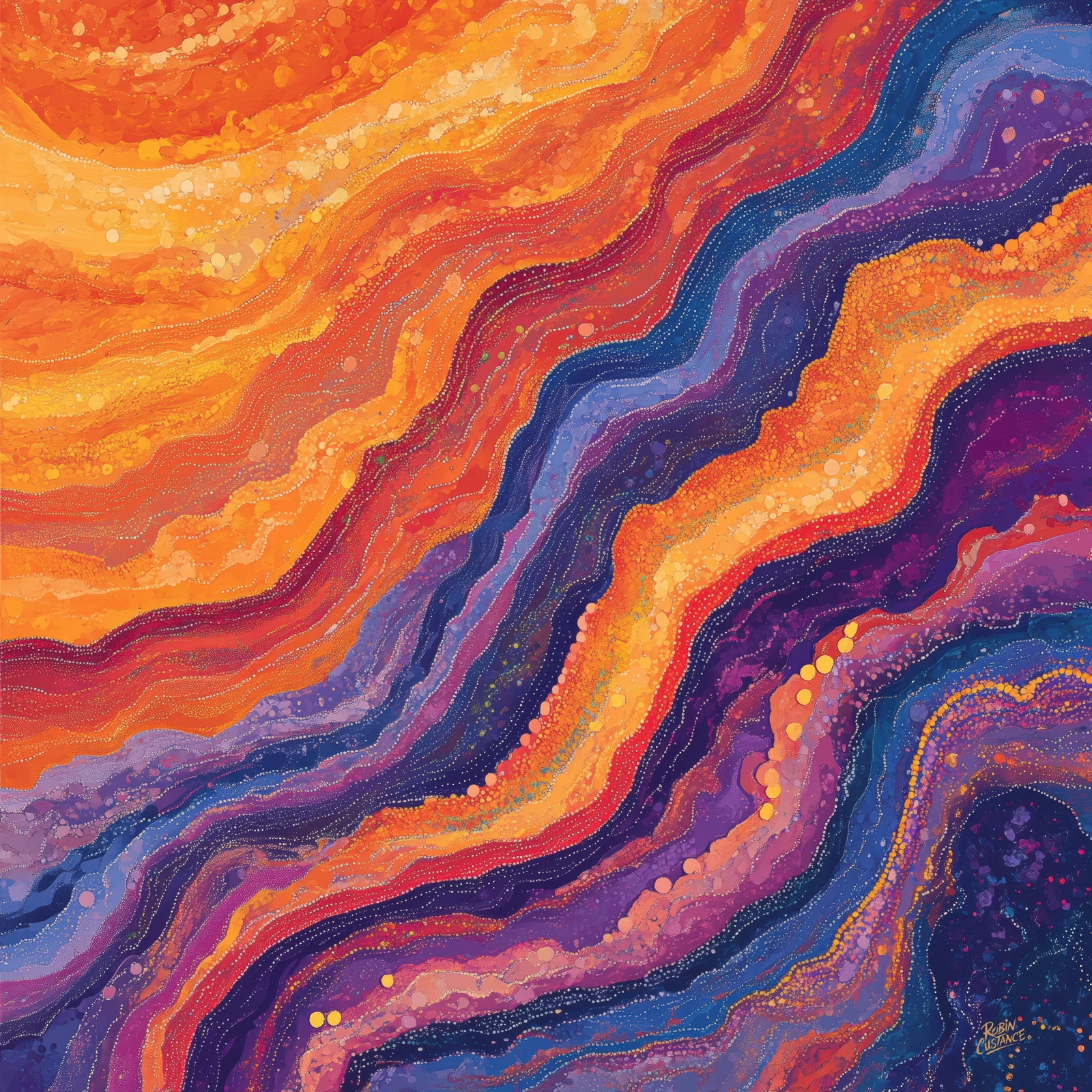 Bands of gold, orange, red, purple and deep blue flow diagonally across this square abstract, creating a layered sense of movement from corner to corner.