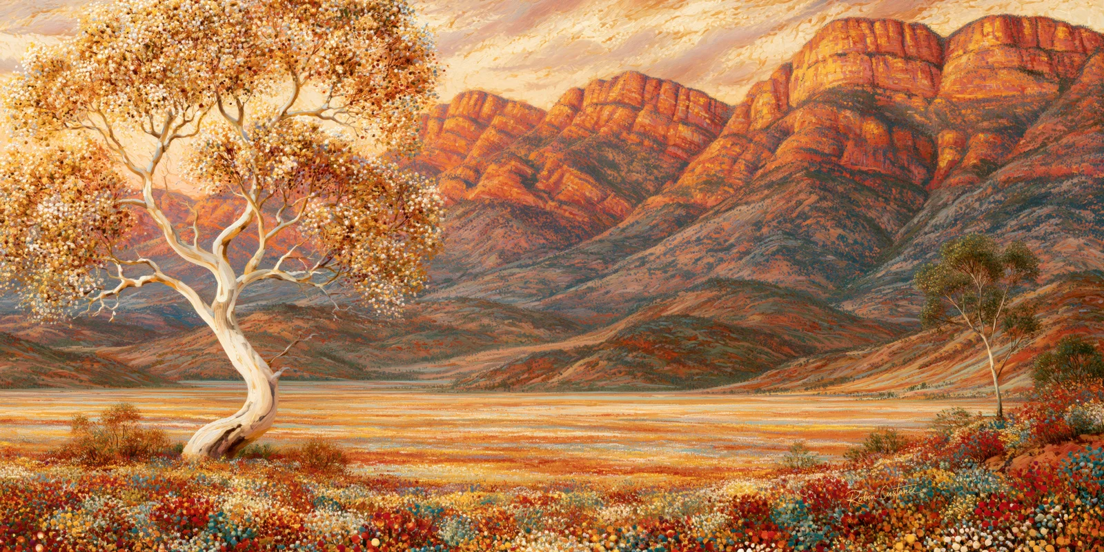 A large ivory-coloured tree with a cream-and-gold dotted canopy stands at left before orange mountains, with a smaller tree at right and a finely patterned field below.