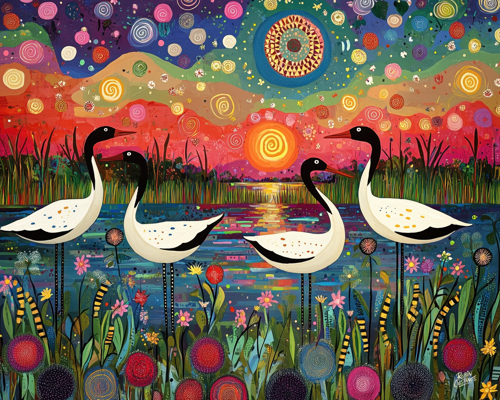 Four pale wetland birds stand across colourful water and reeds as a vivid sunset glows behind them in pink, orange, blue and green.