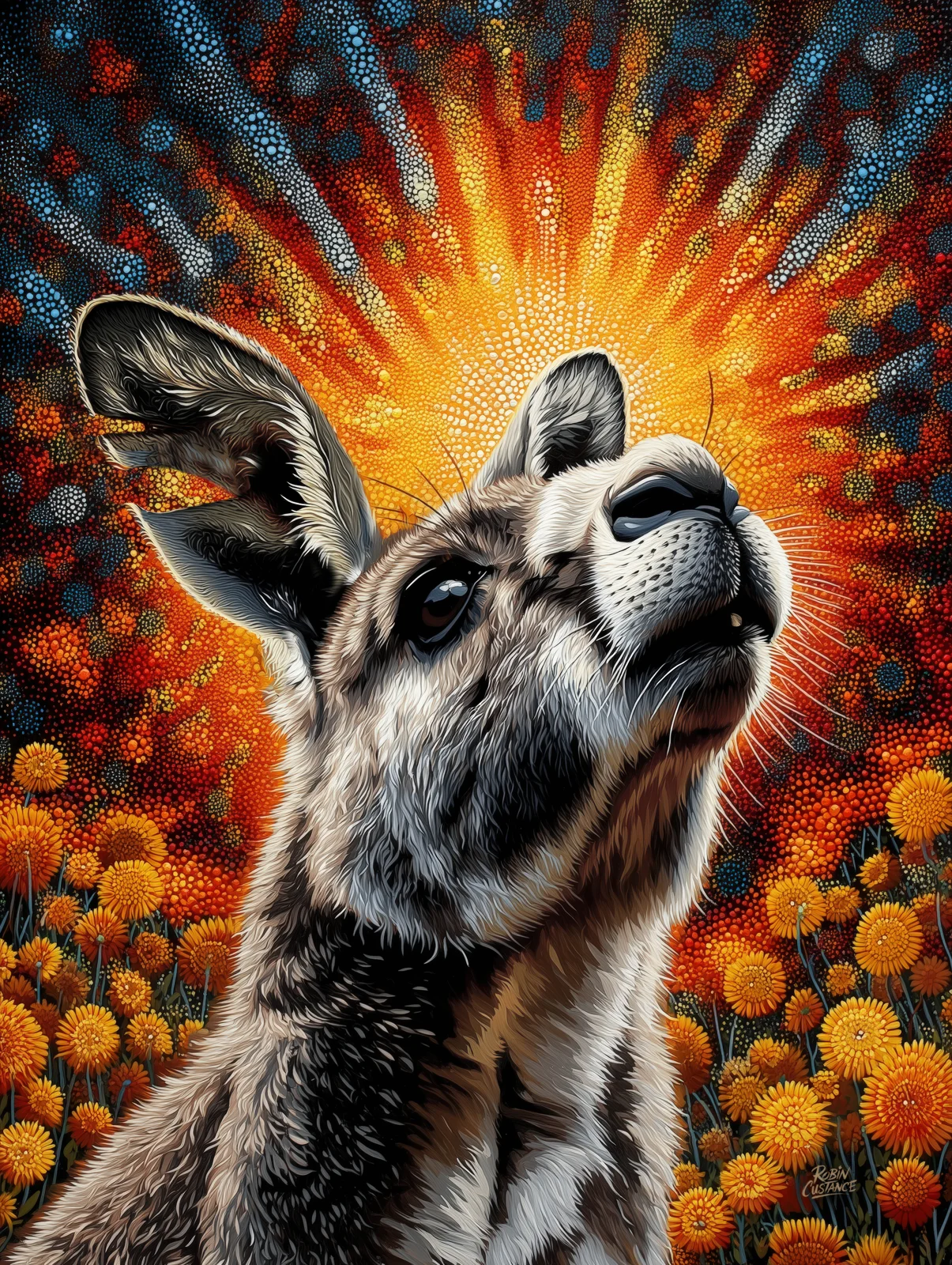A kangaroo lifts its head beneath a radiant orange-gold burst of light, with blue-black shadows and round ochre forms gathering around the lower portrait.