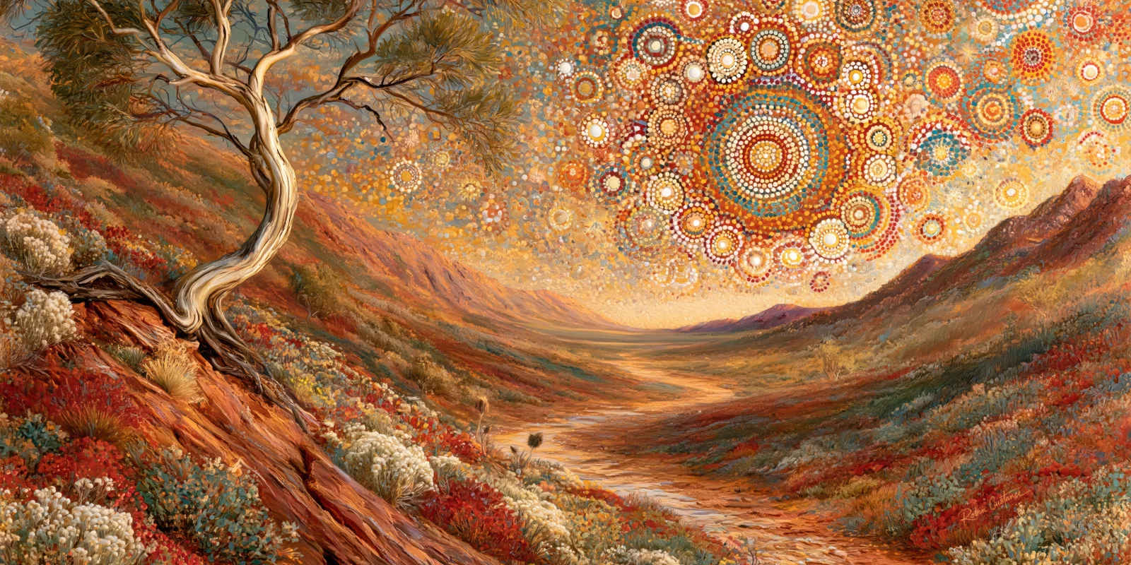 A pale twisting tree stands on the left of an ochre valley beneath a sky filled with concentric dotted circles in cream, red, gold and teal.