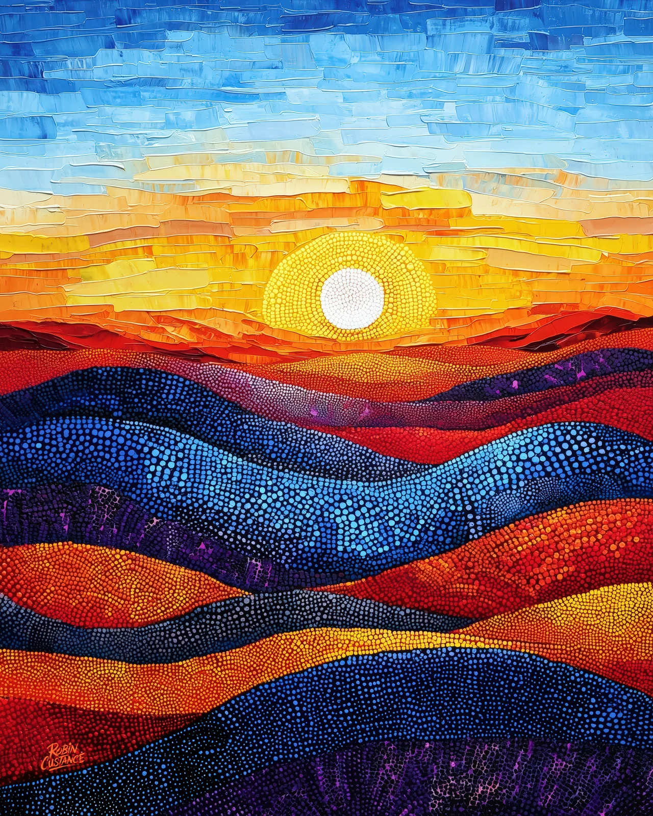 White sun with a dotted yellow halo above rolling bands of blue, red, orange and purple hills, beneath a blue and golden textured sky.