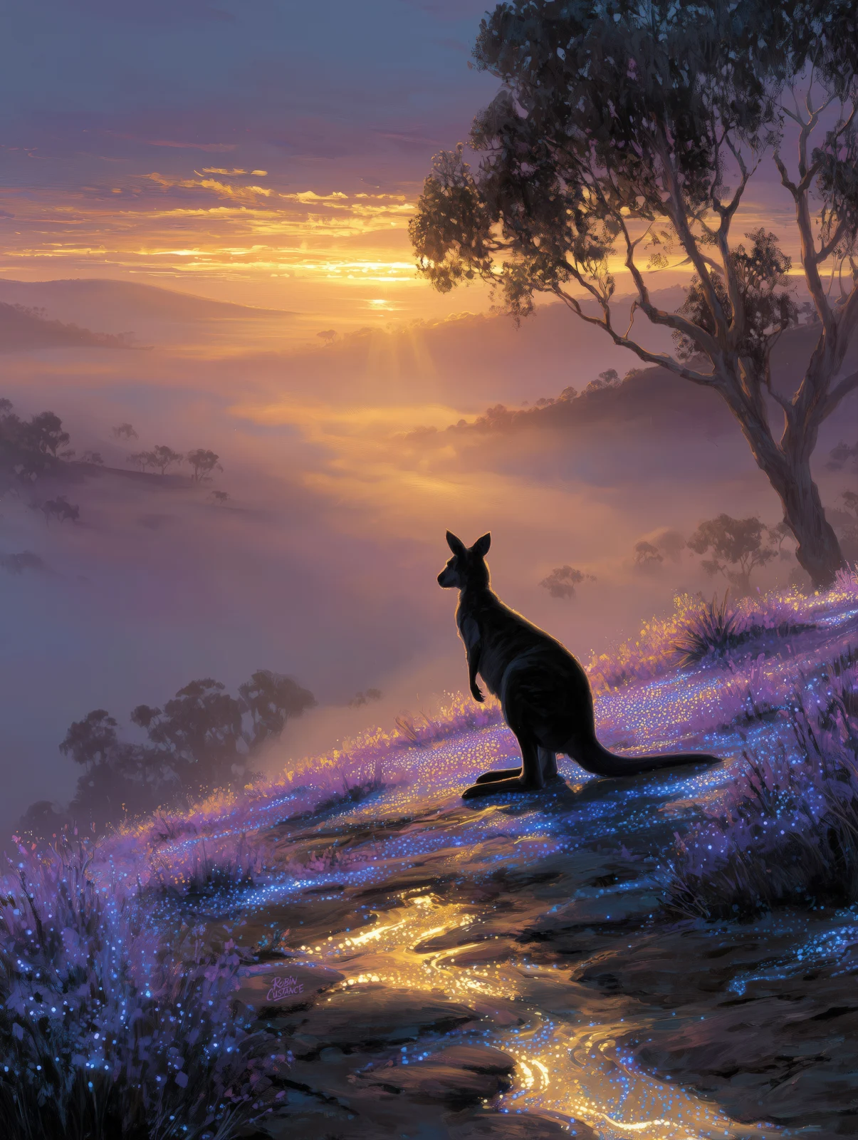 In low golden light, a lone kangaroo stands on a low ridge beneath a sky washed with gold, lavender and smoky blue.