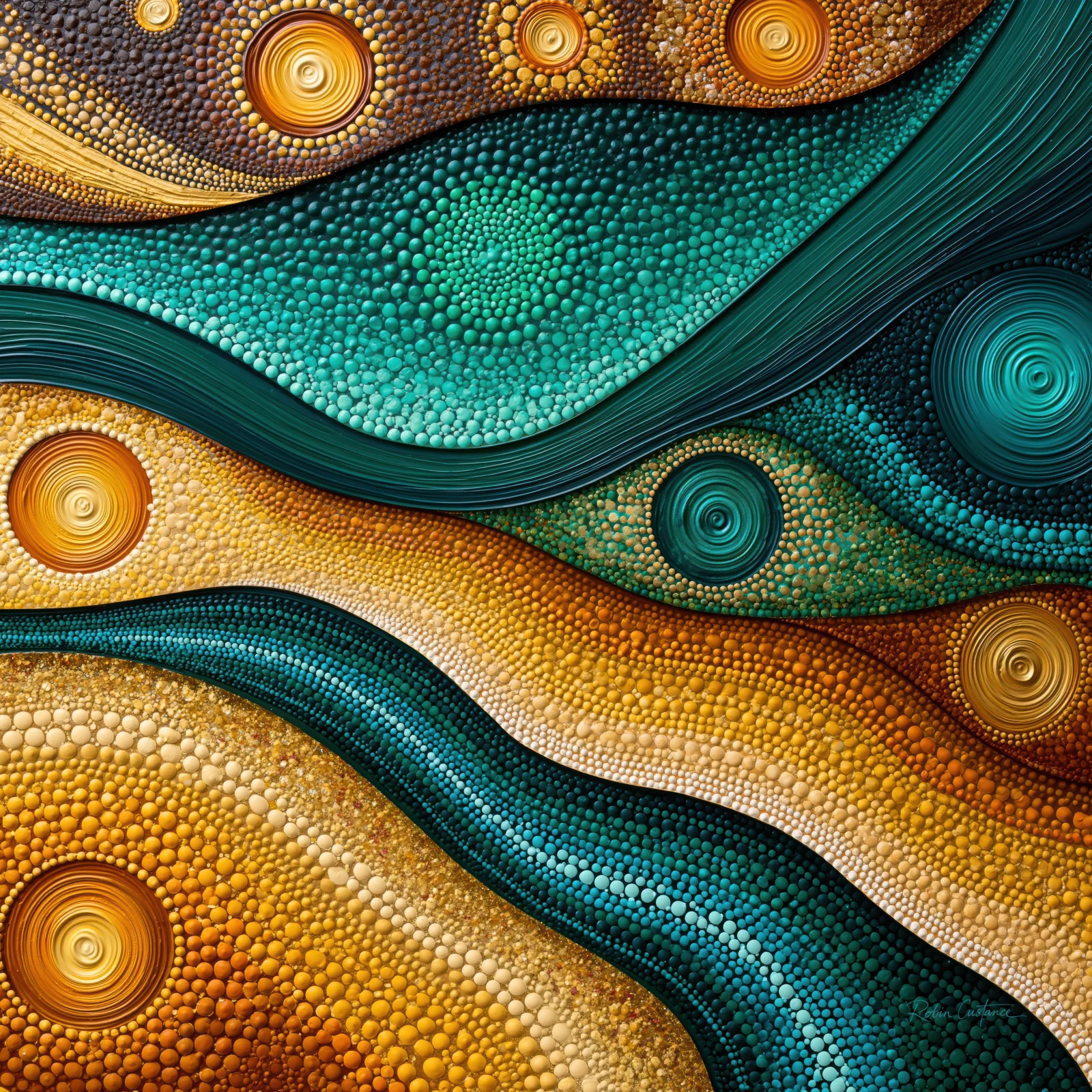 Teal and gold abstract with sweeping curved bands, dense pebble-like dots, fine parallel lines and concentric circular discs across a square composition.